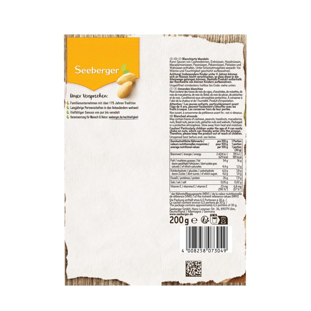 Thumbnail 1 de Seeberger blanchierte Mandeln, 12er Pack (12 x 200 g) – große Kerne ohne Haut, vegan