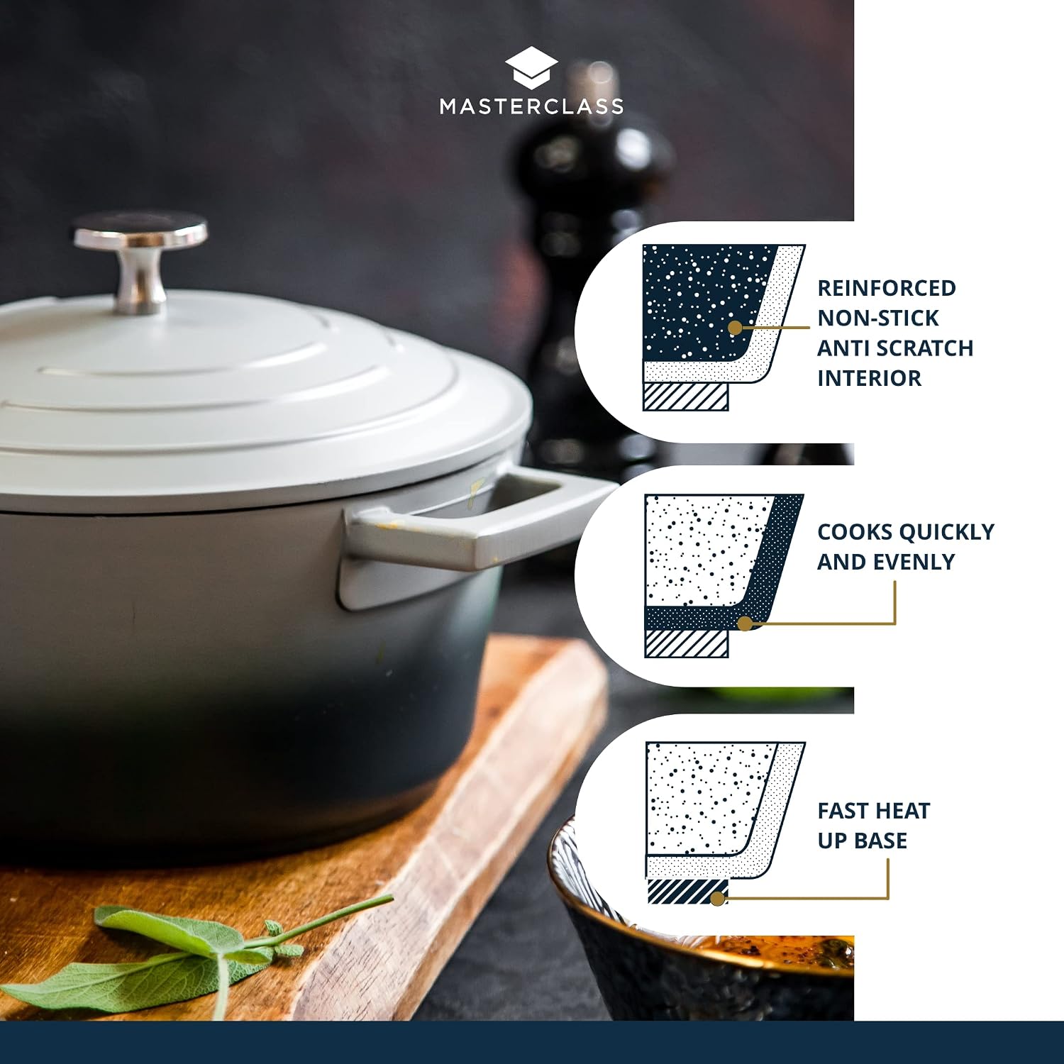 Detalle de MasterClass 24 cm 4 Litre Cast Aluminium Casserole Dish with Self-Basting Lid