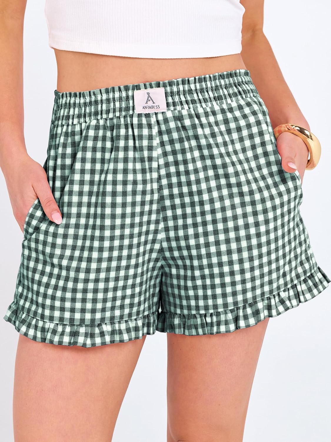 Thumbnail 1 de ANRABESS Women's Gingham Plaid Boxer Shorts with Elastic Waist and Ruffle