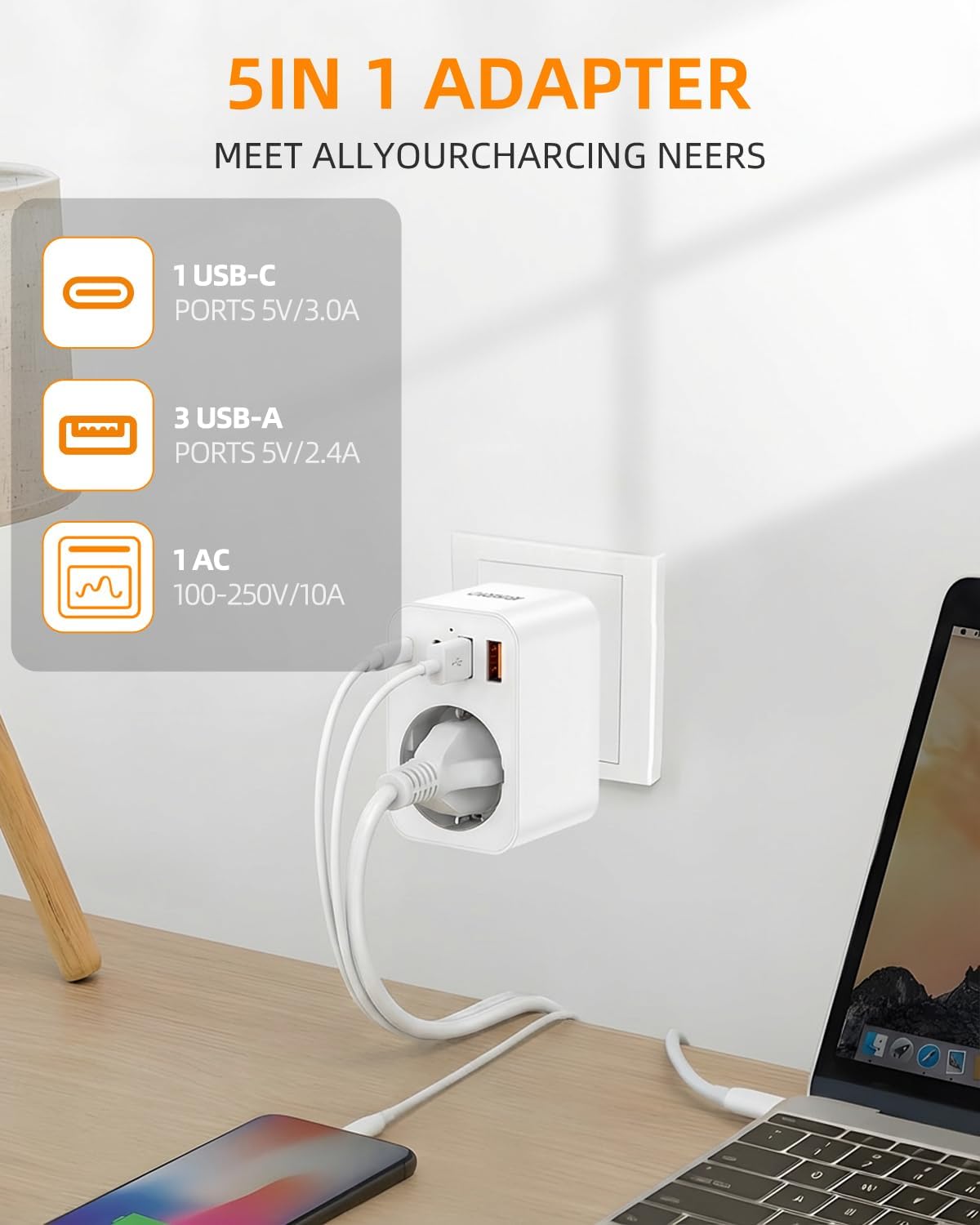 Detalle de Adattatore Universale Da Viaggio con USB-C/USB-A e 6 spine rimovibili (G, B, I, C)