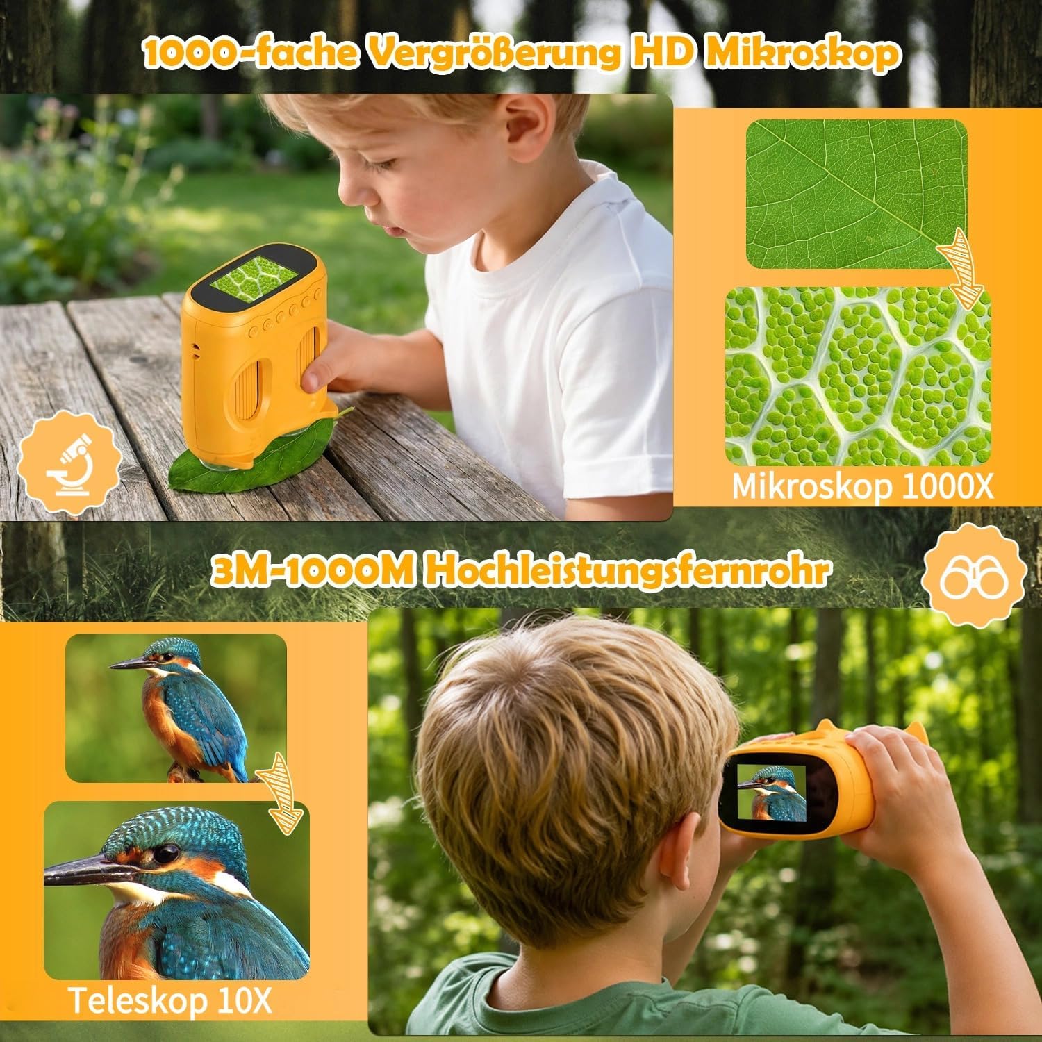 Detalle 2 de OAEBLLE 2 in 1 Mikroskop für Kinder und Fernglas – 2 Zoll HD Bildschirm, 1000× Vergrößerung, 8 LEDs, 1080p