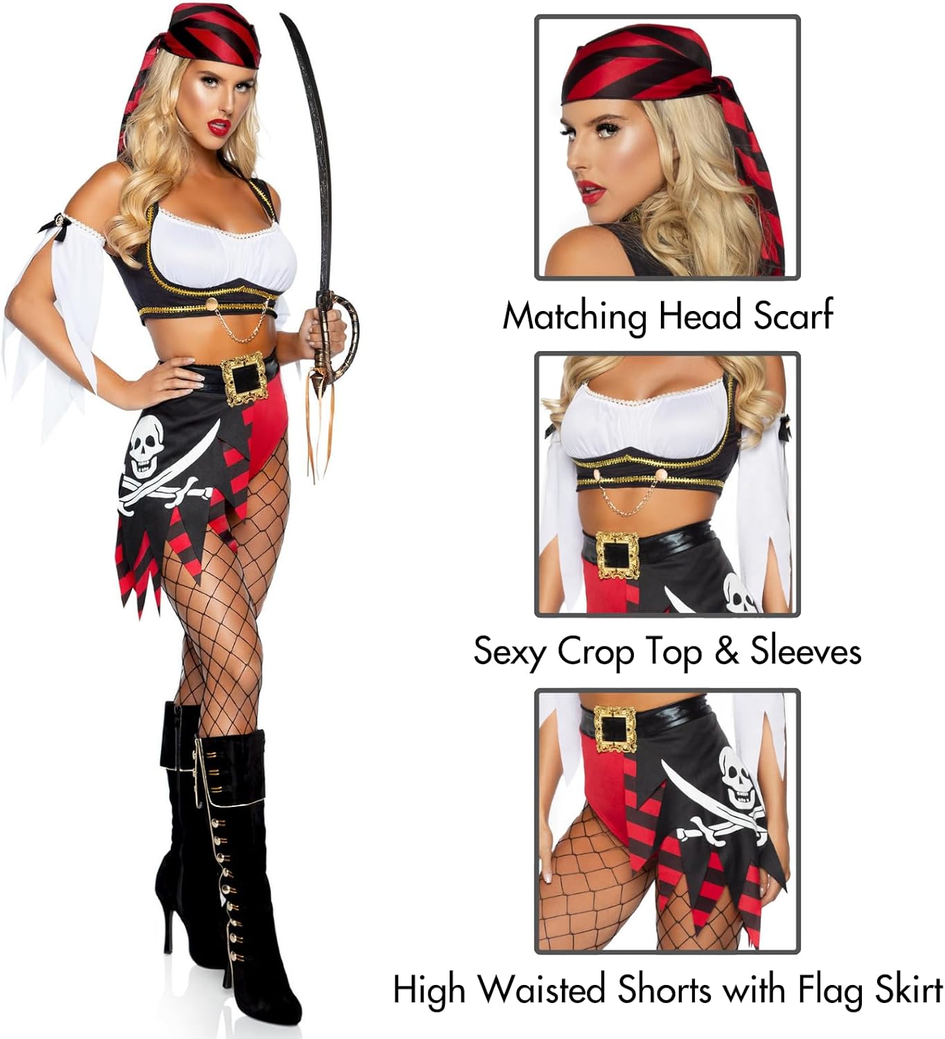 Detalle de Leg Avenue Women's 4-Piece Wicked Pirate Wench Costume with Flag Skirt