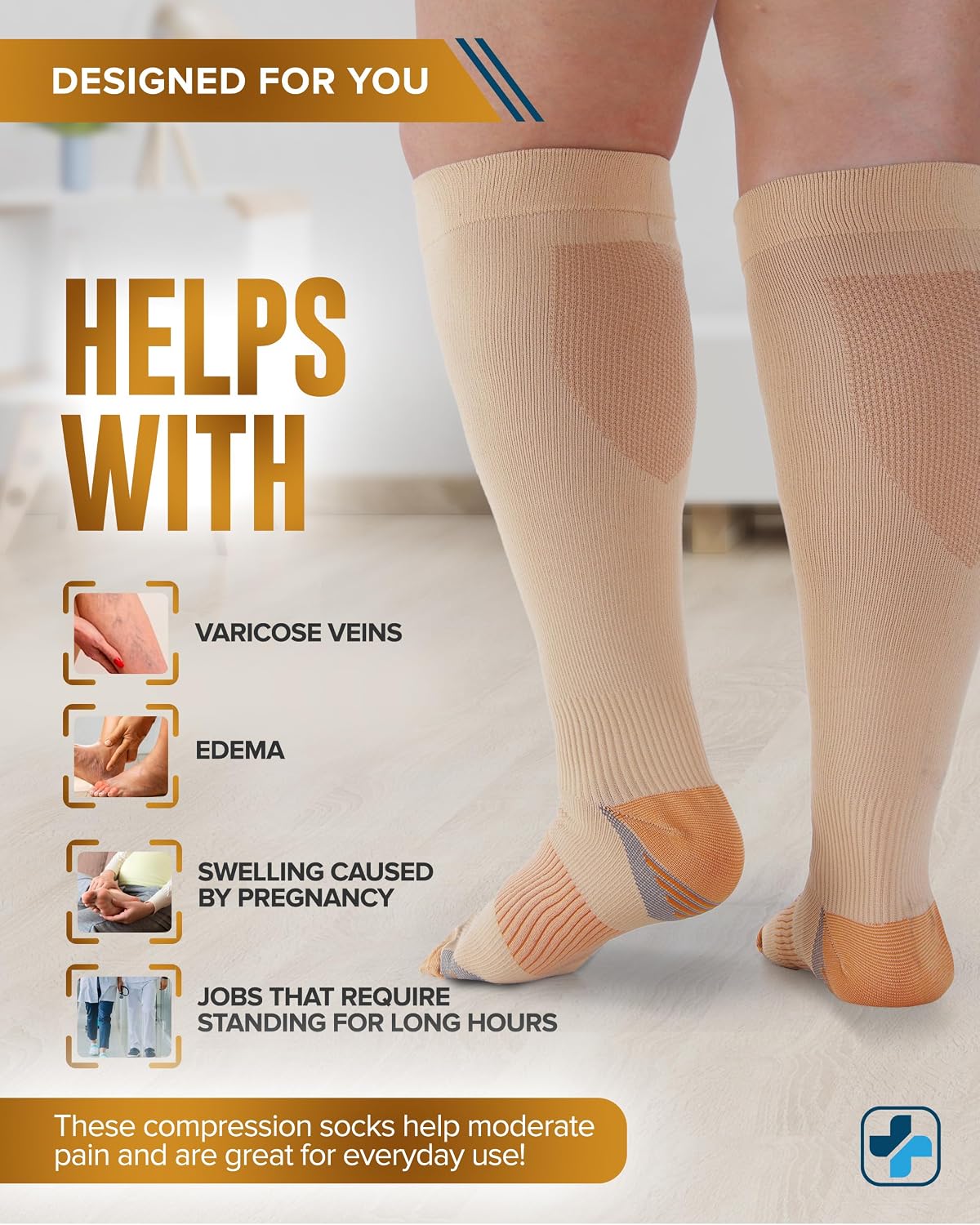 Detalle de Doctor's Select Copper Plus Size Compression Socks Wide Calf (2 Pairs) – 20-30 mmHg, Tan, Extra Wide Calf