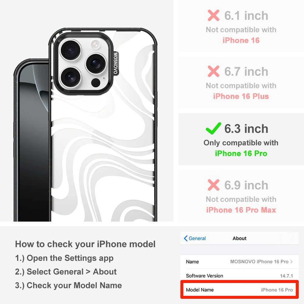 Detalle de MOSNOVO iPhone 16 Pro Case — Military-Grade Drop Protection, Dual-Layer Durability, Remolino White/Black Transparent