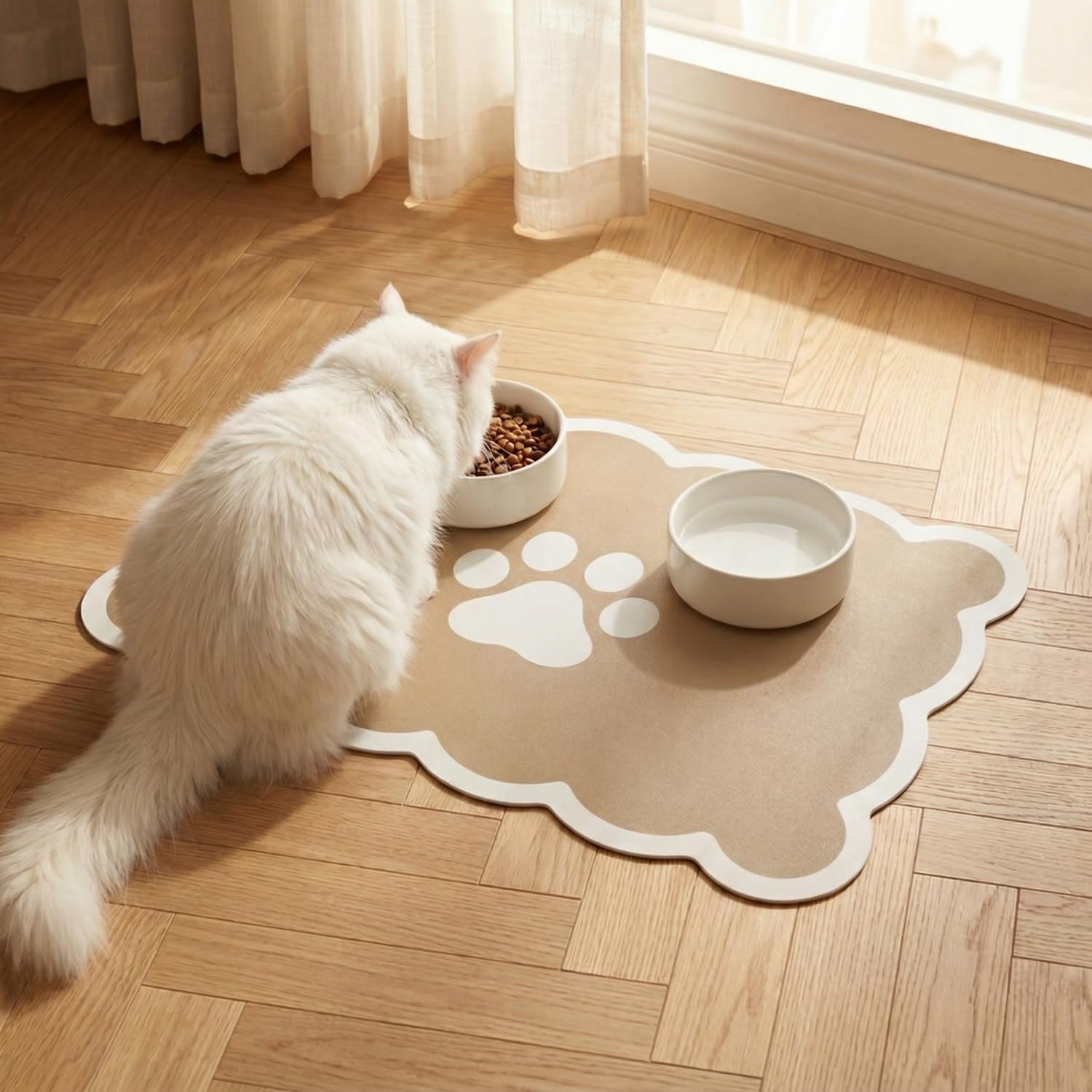 Thumbnail 1 de Absorbent Pet Food Mat with Scalloped Edge and Rubber Backing – 30" x 50" (Beige)