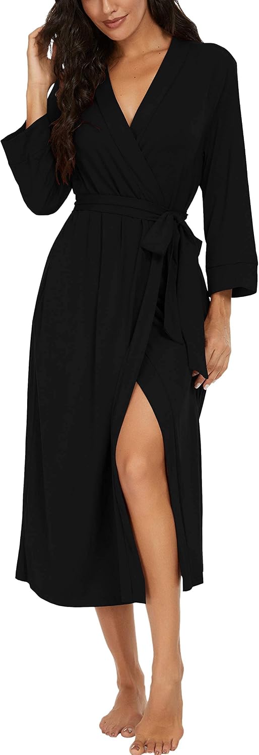 Detalle de PrinStory Damen Bademantel mit 3/4-Ärmeln, V-Ausschnitt & Kimono-Schnitt (leichter Morgenmantel)
