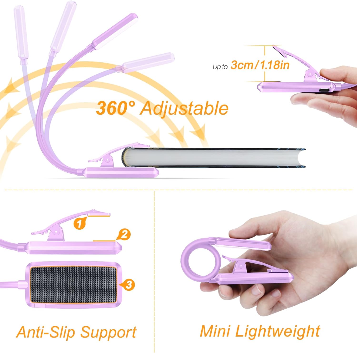 Thumbnail 4 de Gritin Leselampe Buch Klemme – USB-Aufladbare Klemmleuchte mit 3 Farbtemperaturen und 360° Flexibilität (Lila)