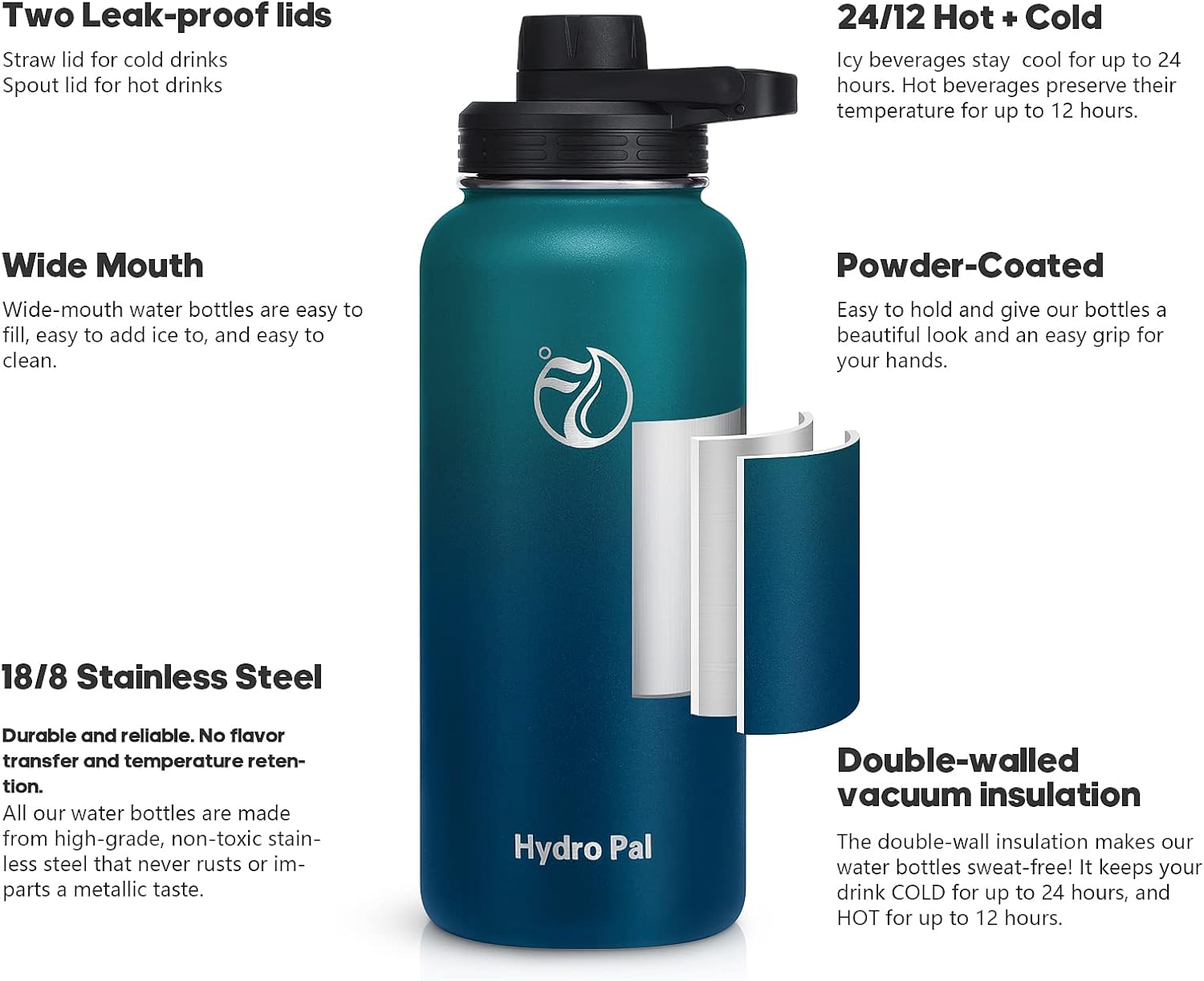 Thumbnail 1 de HydroPal vacuum insulated stainless steel water bottle (1.9L/1.2L/1L/750ml/500ml) with straw & spout lids