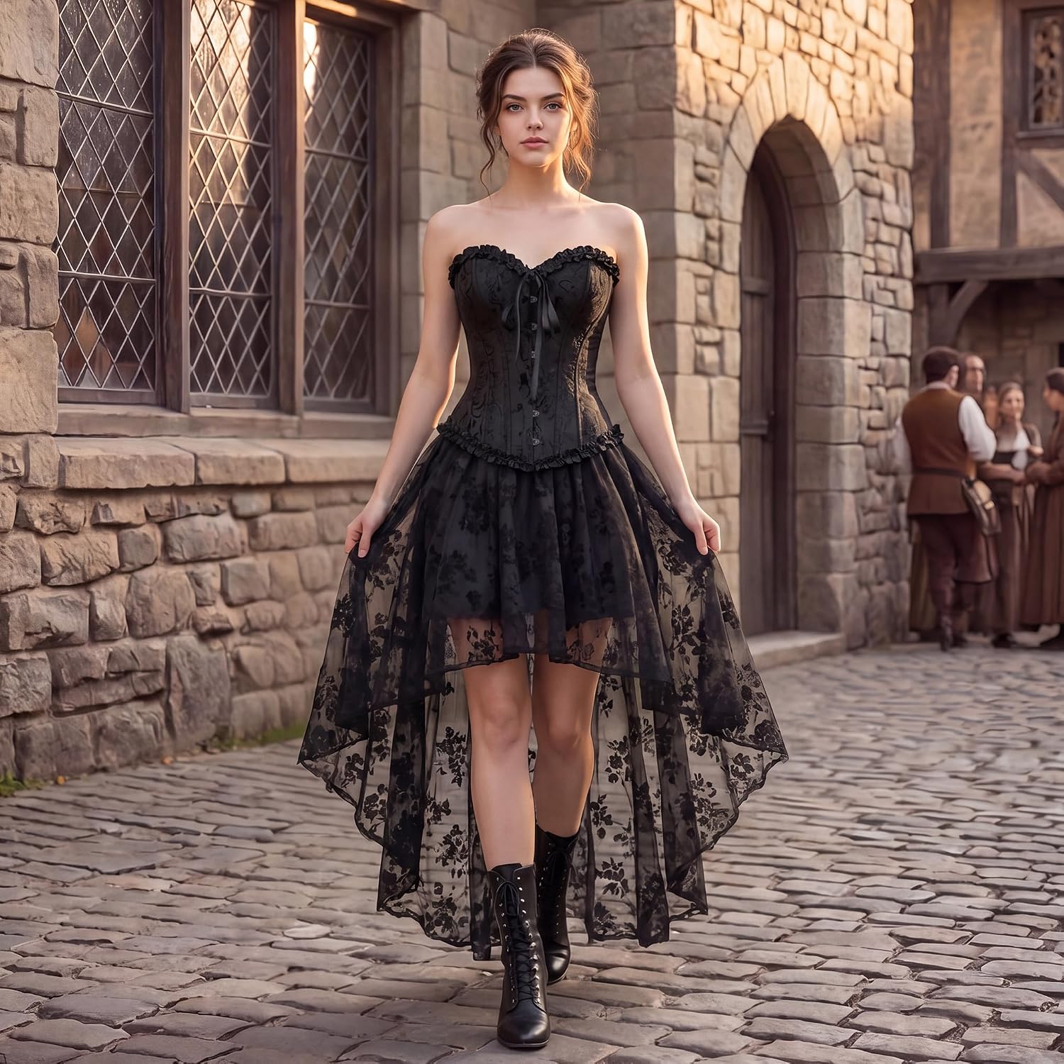 Detalle 1 de Zhitunemi Corsets-Ye819 Victorian Overbust Corset Top, Brocade Lace-Up Bustier