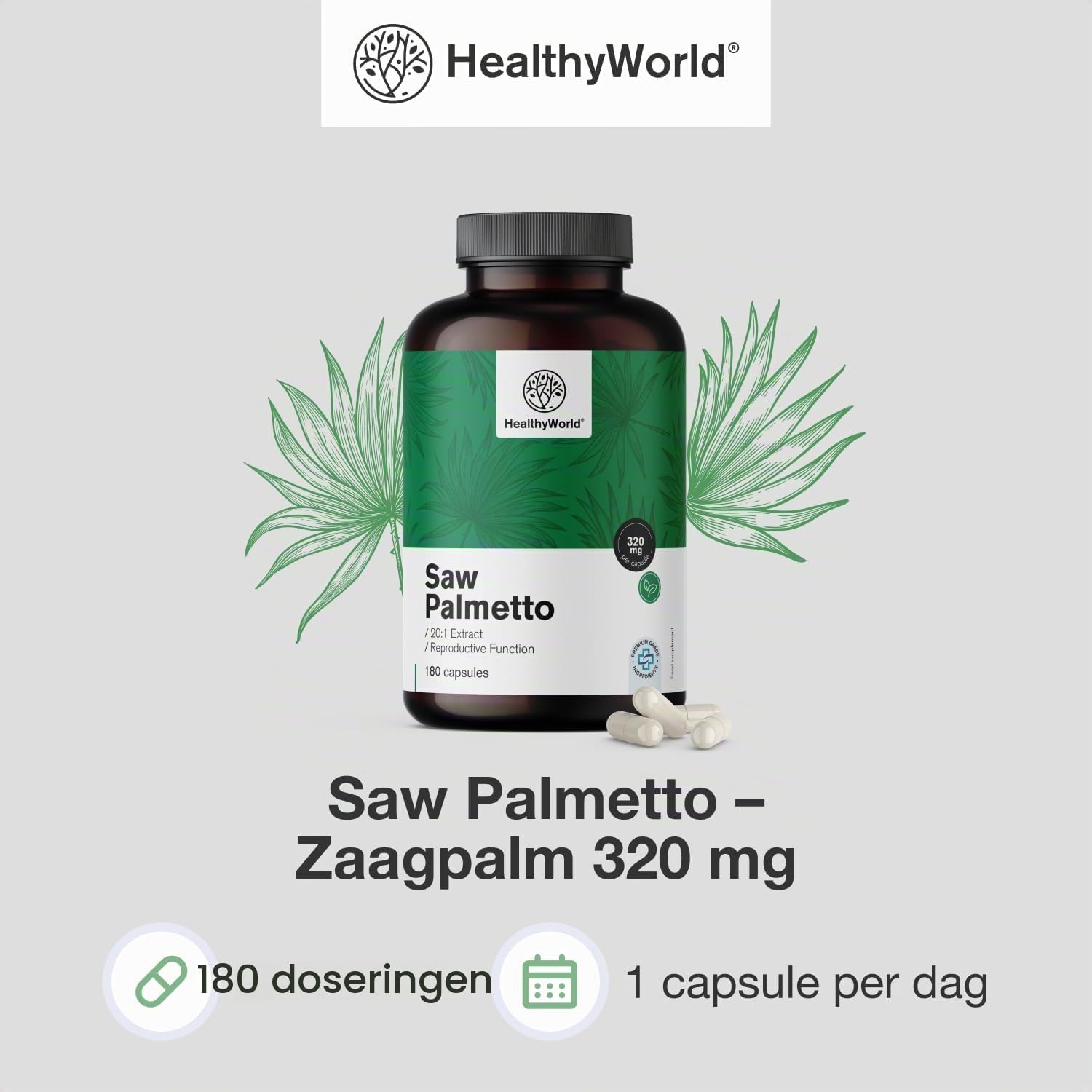 Detalle de HealthyWorld Saw Palmetto zaagpalmsupplement met zink, 20:1-extract, 180 capsules