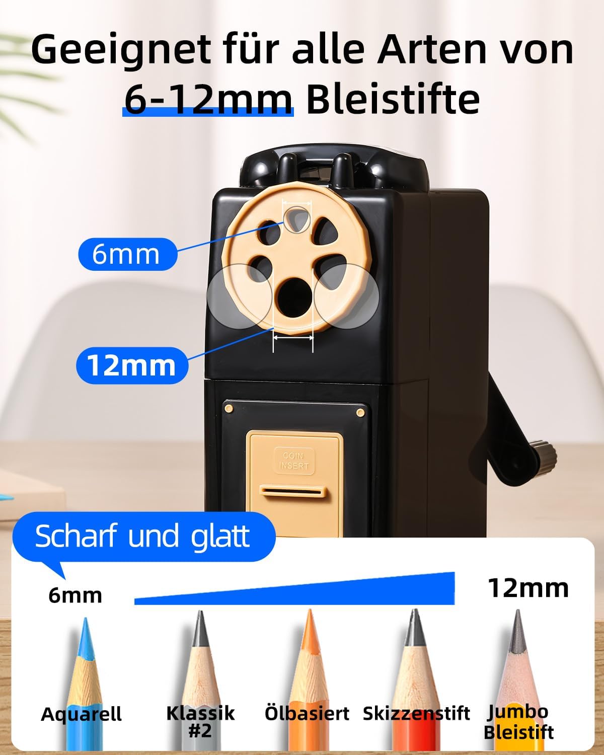 Thumbnail 2 de Zmol manueller Kurbe Anspitzer für Buntstifte – 6 Größen (6–12 mm) mit einstellbarer Spitze, Schwarz