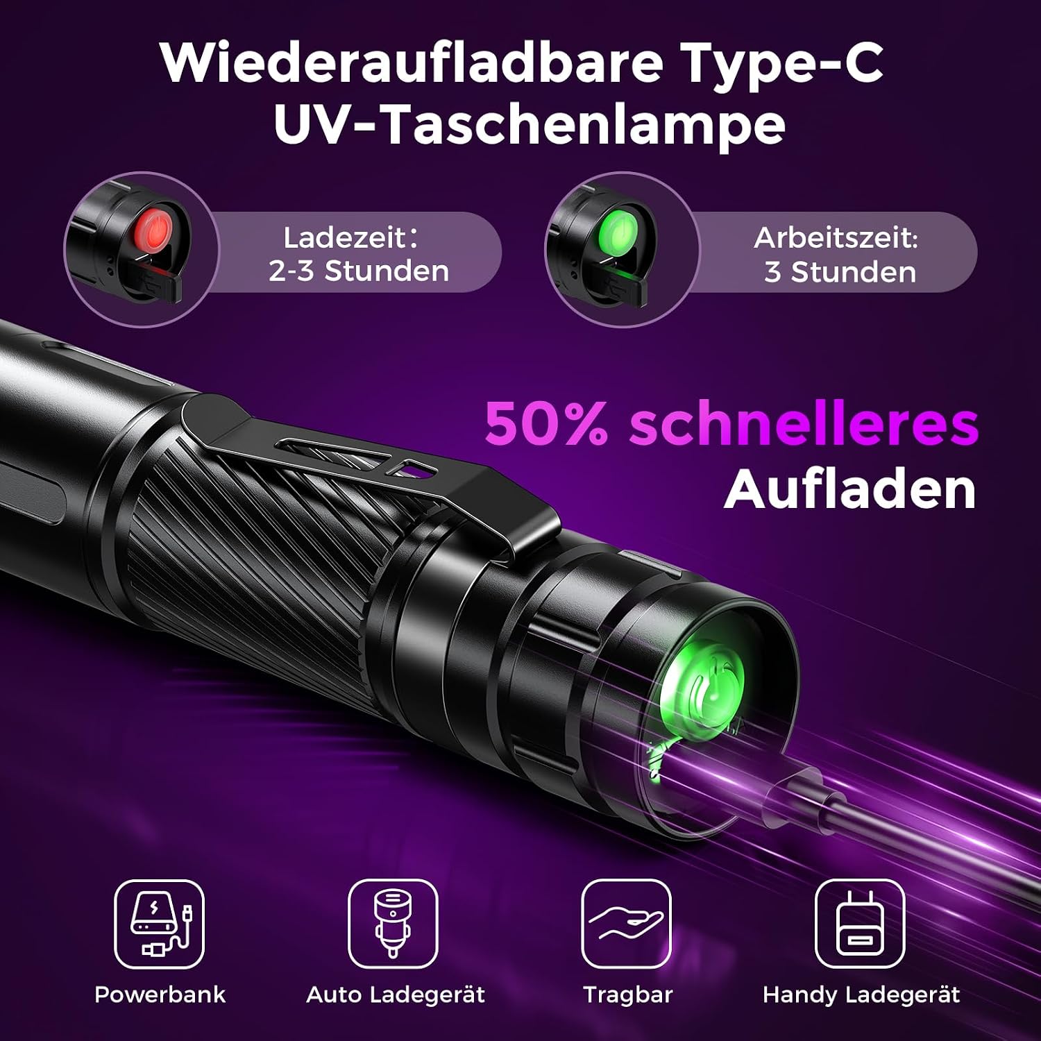 Detalle de GEARLITE Wiederaufladbar LED UV 395nm Taschenlampe