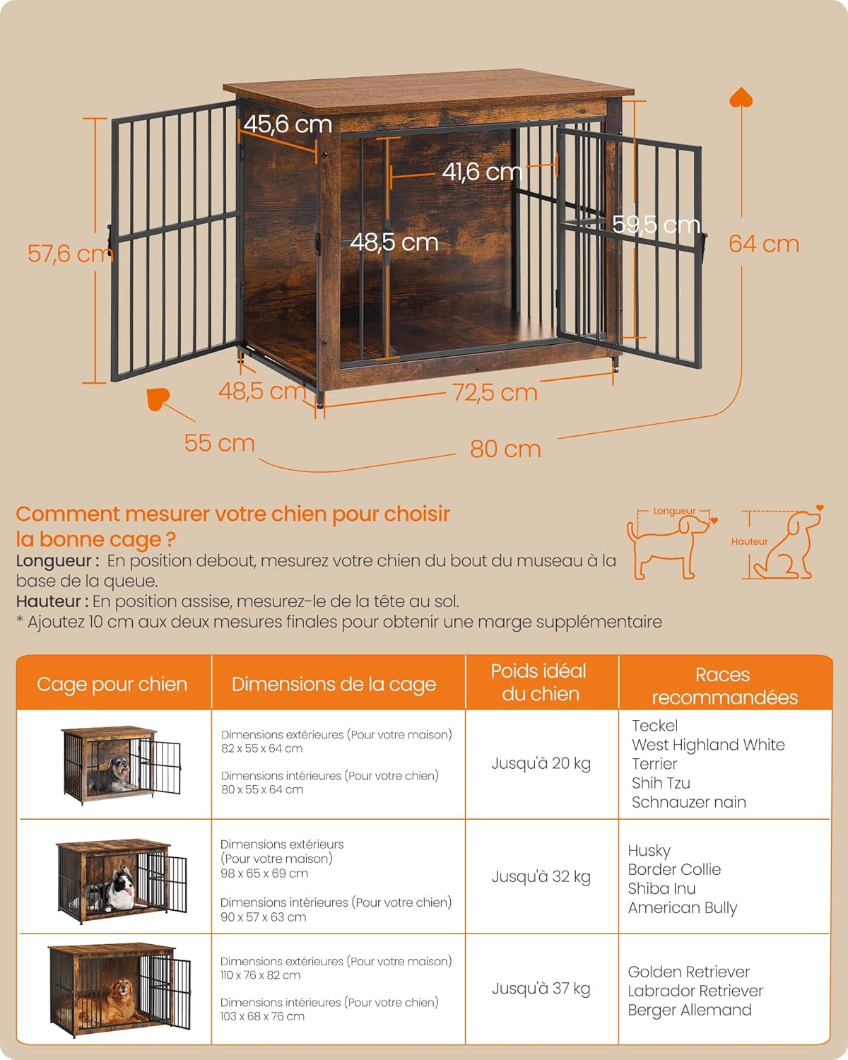Thumbnail 6 de Feandrea Meuble Cage pour Chien – Table d’appoint 2 en 1, fond plein, 80x55x64 cm, pour chiens jusqu’à 20 kg