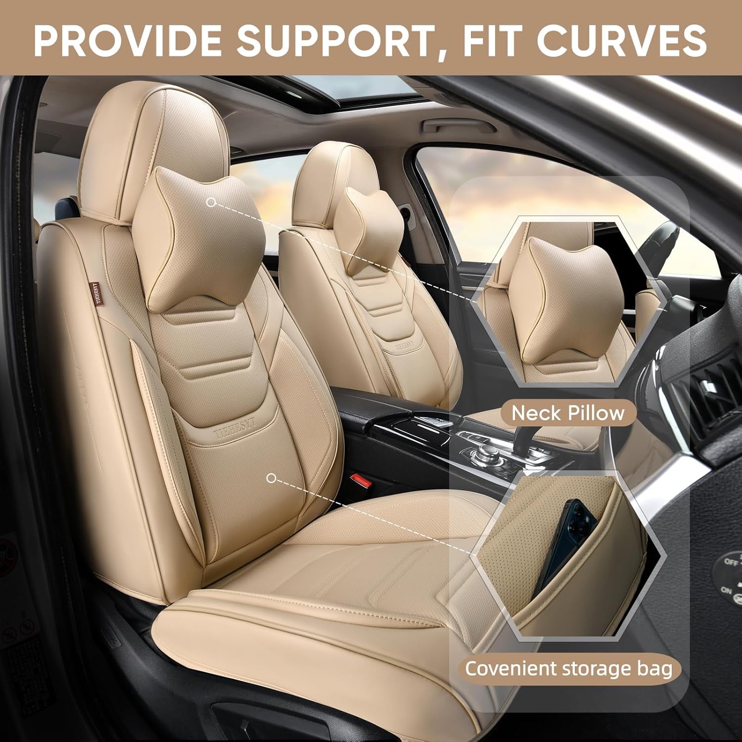 Thumbnail 1 de TIEHESYT Beige Car Seat Covers Full Set: Breathable Leather Comfort for Most Cars