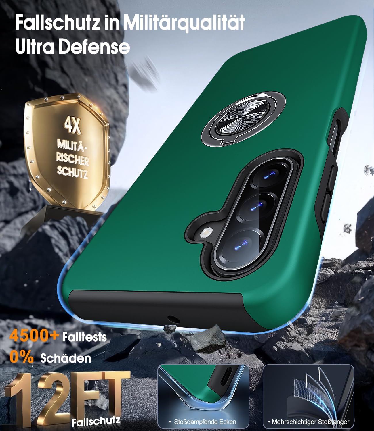 Detalle de AOUIA Schutzhülle für Samsung Galaxy A17 5G mit 2x Panzerfolie, 360° Ring-Ständer & Militärschutz – Grün