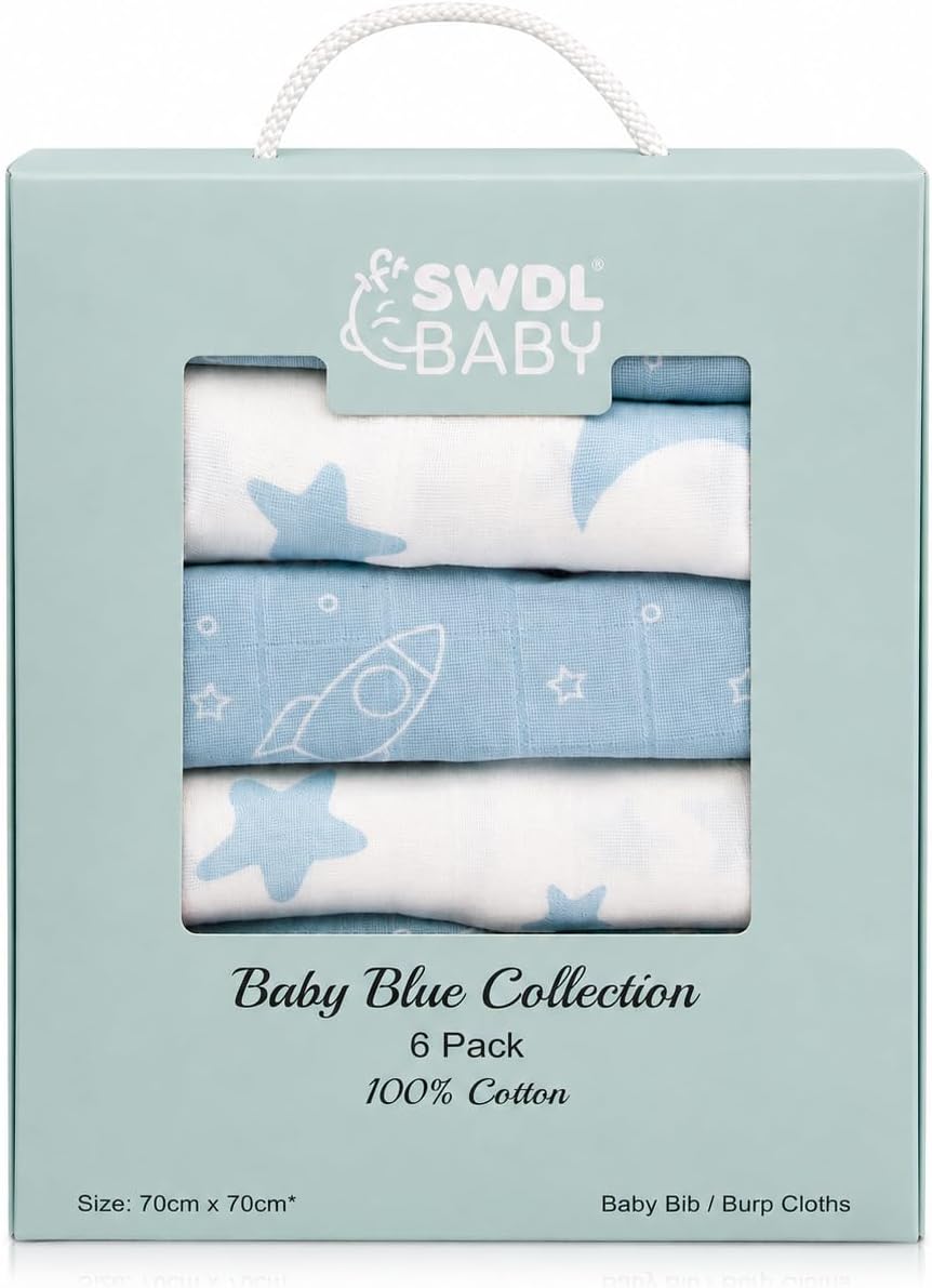 Large Baby Muslin Cloths (Pack of 6) 100% Cotton Muslin Squares – Soft, Absorbent & Breathable | Baby Blue Collection