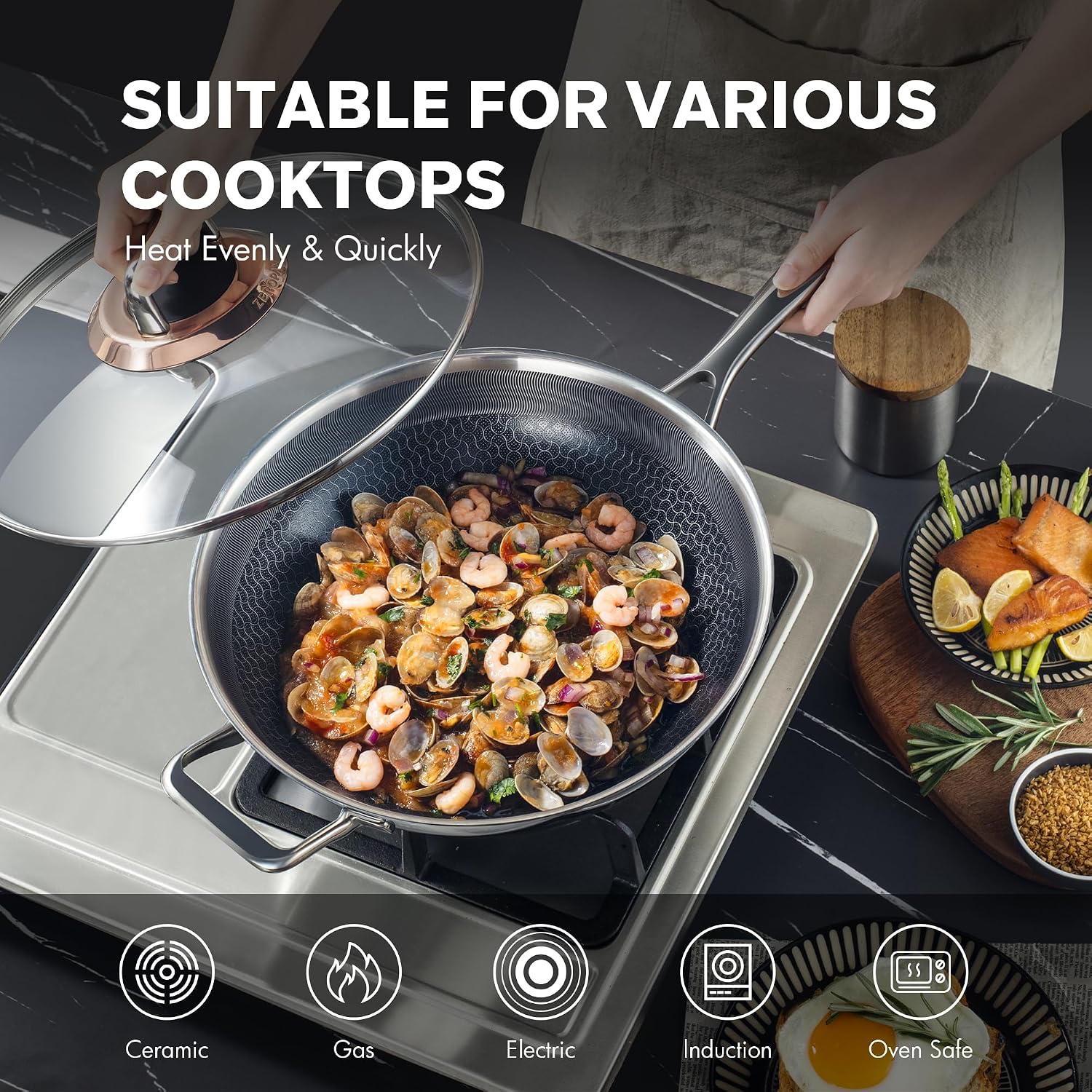 Detalle de ZEROPAN 30cm Wok with Lid – Non‑Stick, Induction Ready and Oven Safe