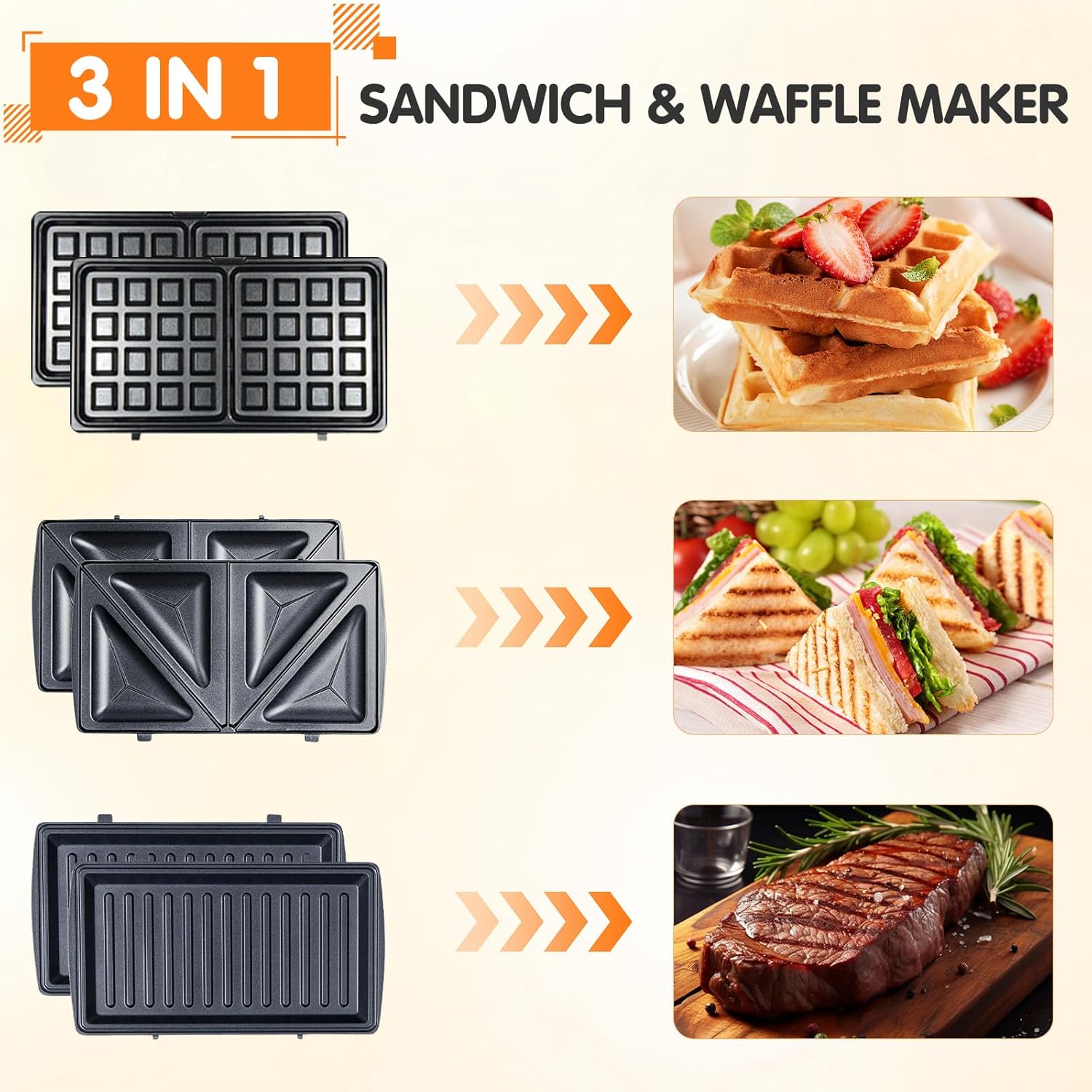 Thumbnail 1 de Mingfuxin 3-in-1 Frühstücks-Sandwichmaker mit abnehmbaren Antihaft-Platten (Waffel, Sandwich, Grill)