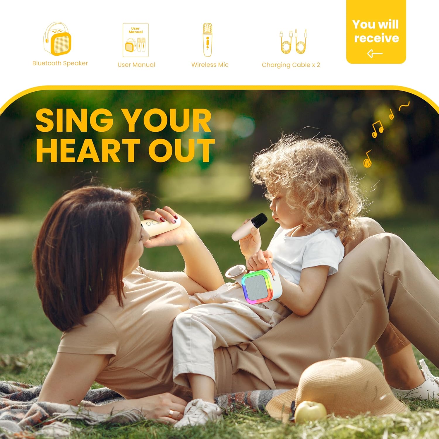 Thumbnail 4 de Ankuka Karaoke Machine for Kids & Adults with Wireless Microphone, Portable Bluetooth Speaker (Beige)