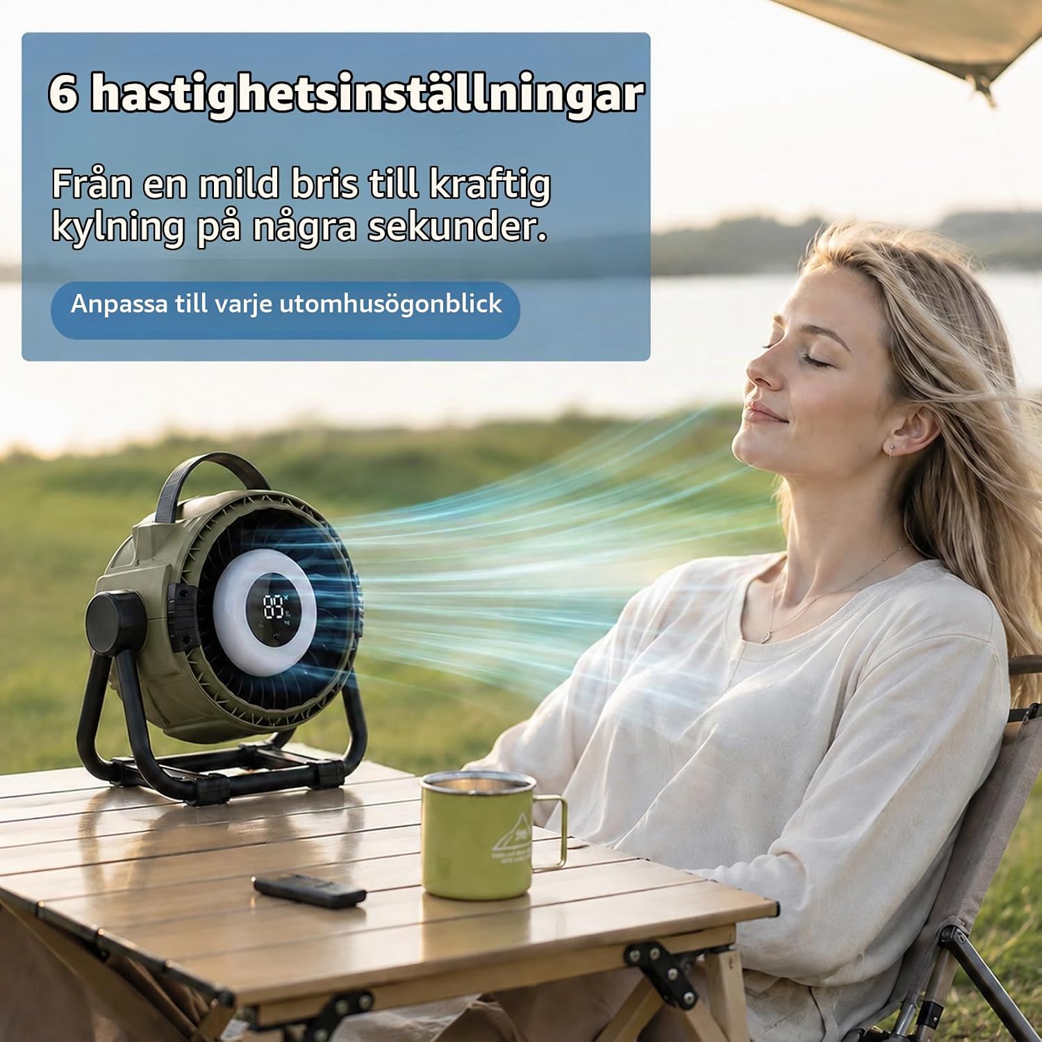 Detalle de WHATOOK H10 uppladdningsbar bordsfläkt, 20 000 mAh, nattlampa och fjärrkontroll