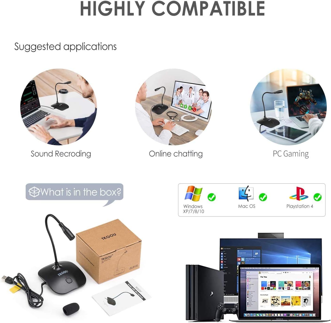 Thumbnail 5 de TKGOU USB PC Microphone – Plug & Play Stereo USB Mic with Mute Button (1.5m) for PC, Mac, PS4