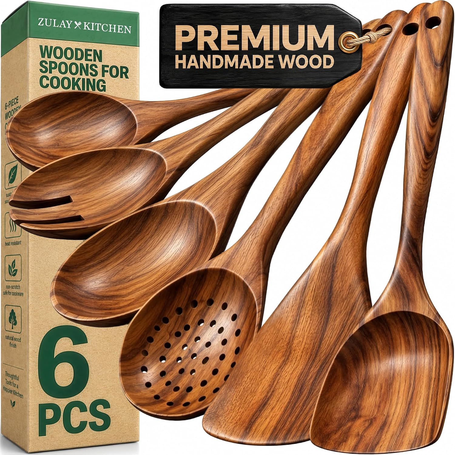 Detalle de Zulay Kitchen 6-Piece Teak Wood Spoons set 🍽