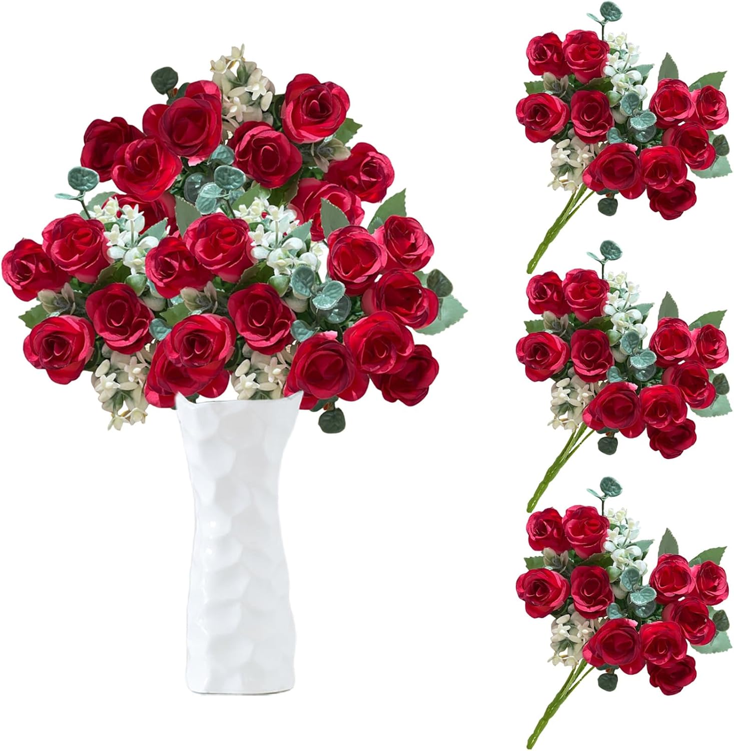 Detalle 2 de astylishome 3-Pack Red Rose Artificial Flowers with Stems – Silk Craft Roses for Decor