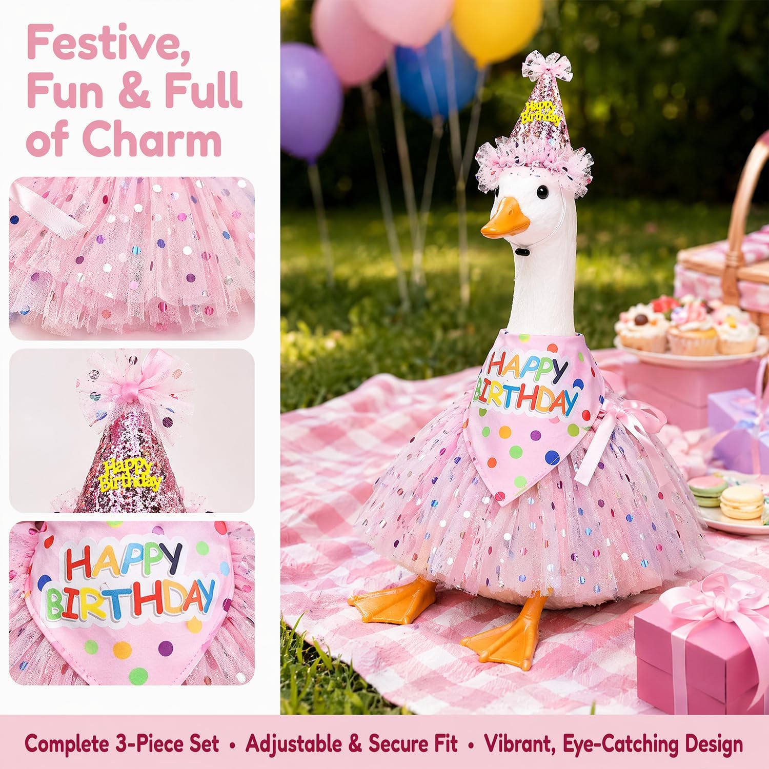 Detalle de MEQUER Porch Goose Birthday Outfit Set with Pink Tutu, Hat and Bandana