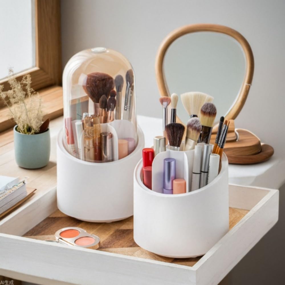Detalle de Fantasee 360° Rotating Makeup Brush Organizer – 7 Compartment, White Cylindrical with Transparent Dustproof Cover