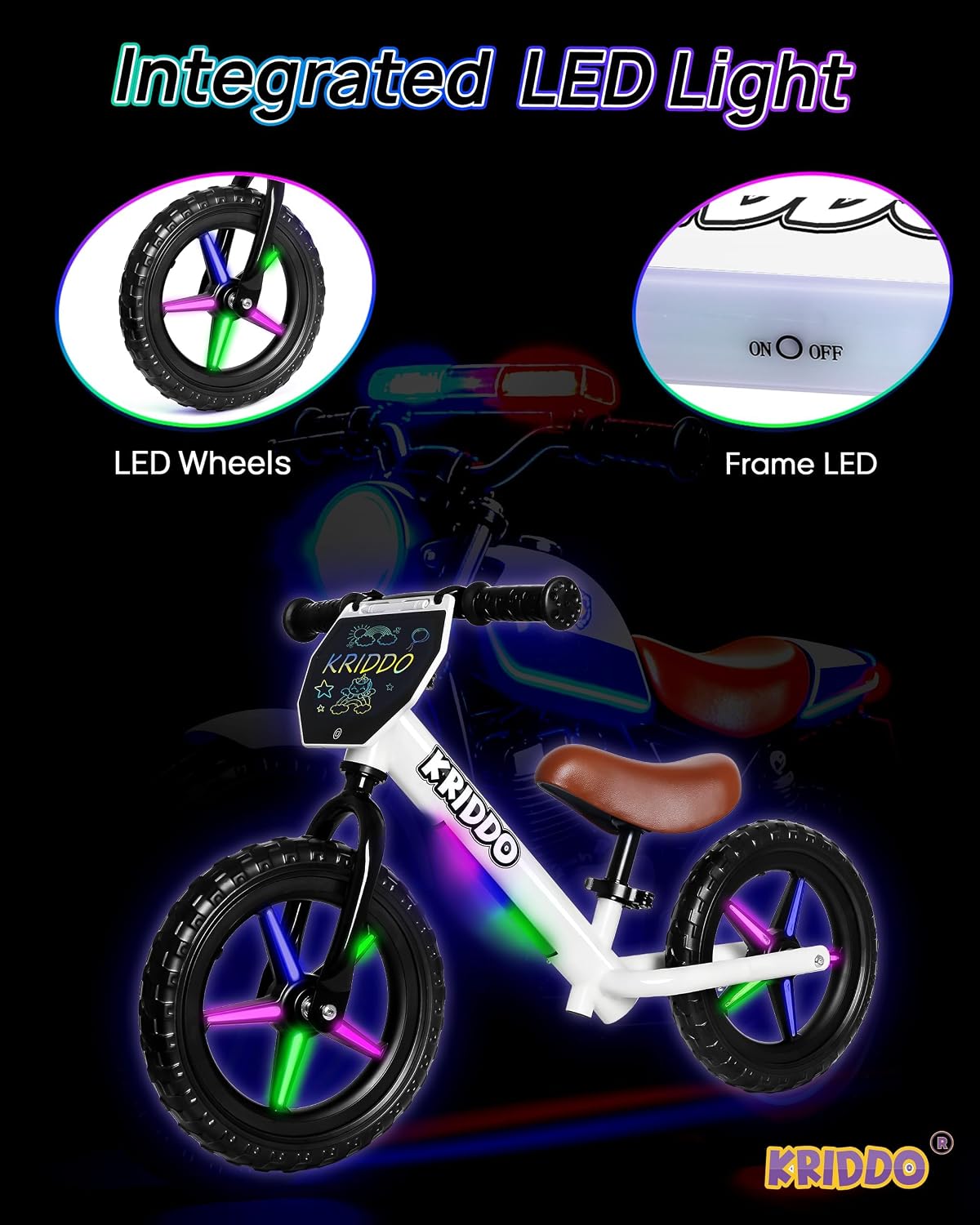 Thumbnail 2 de KRIDDO Toddler Balance Bike 12-Inch LED-White with LCD Tablet | 2–5 Years