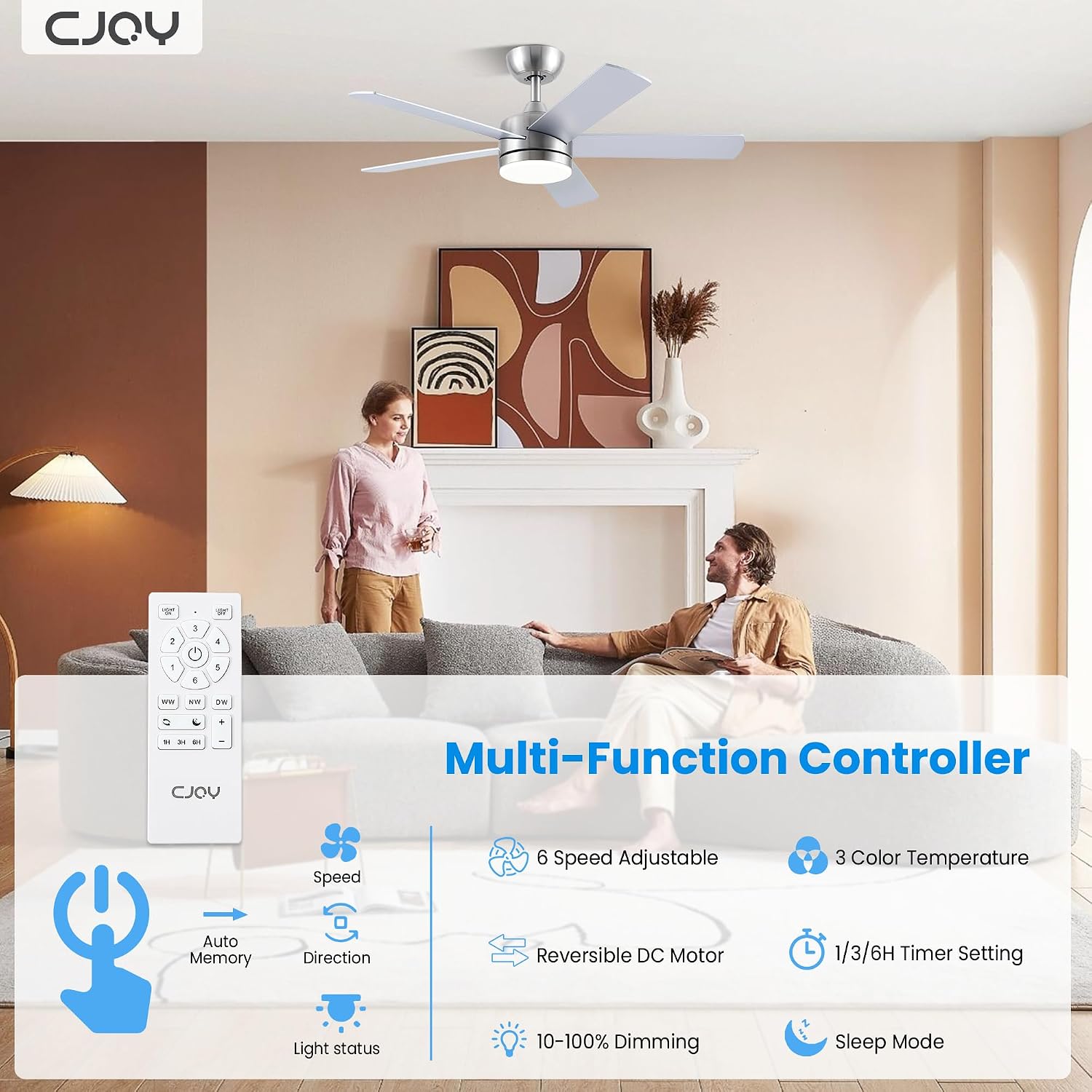 Thumbnail 4 de CJOY 42-inch Silver Ceiling Fan with Lights and Remote, 6 Speeds, DC Motor, 3CCT, Dimmable, Sleep & Timer