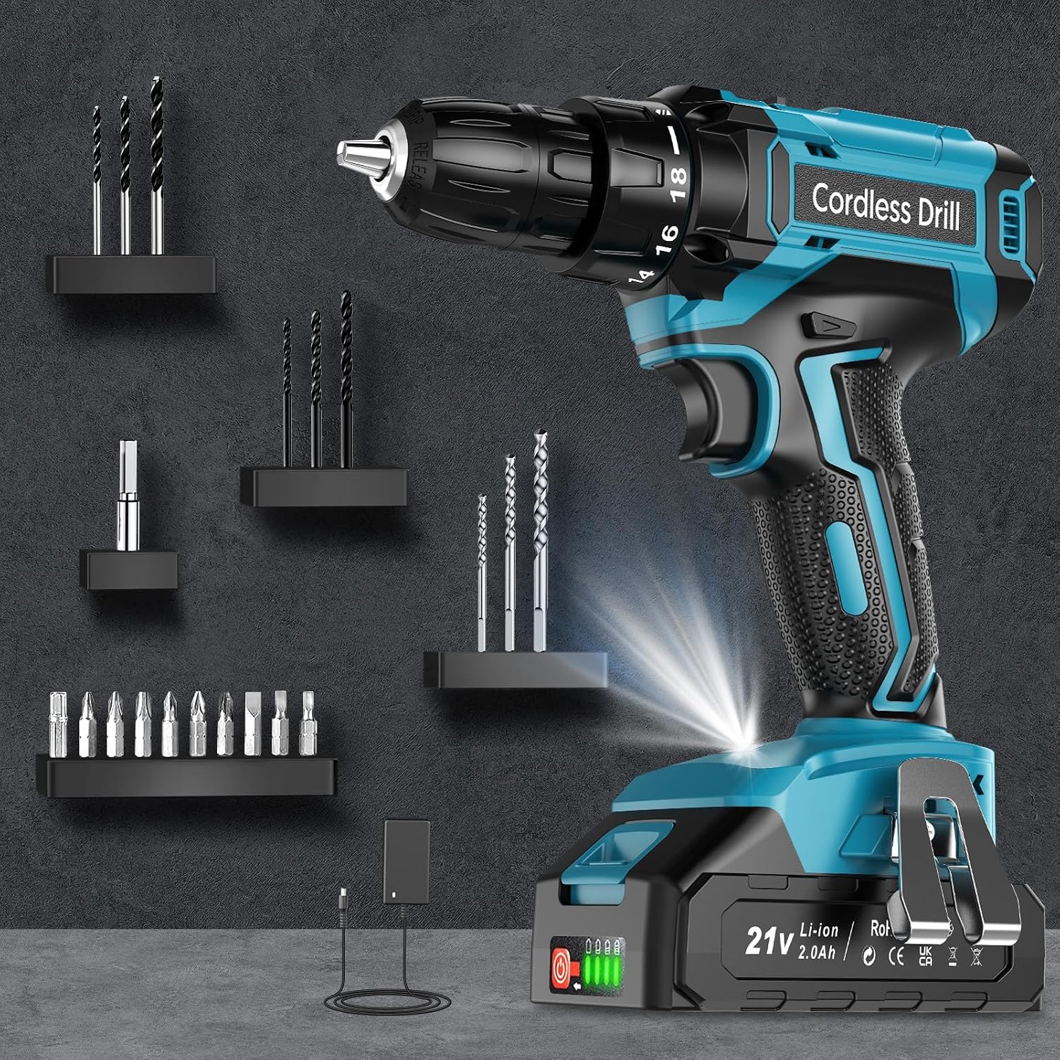 Detalle de LEEIKOO 21V Cordless Drill Set with 2000mAh Battery — 42N.m Max Torque, 18+1 Clutch, 2 Speed, 20-Piece Bit Kit