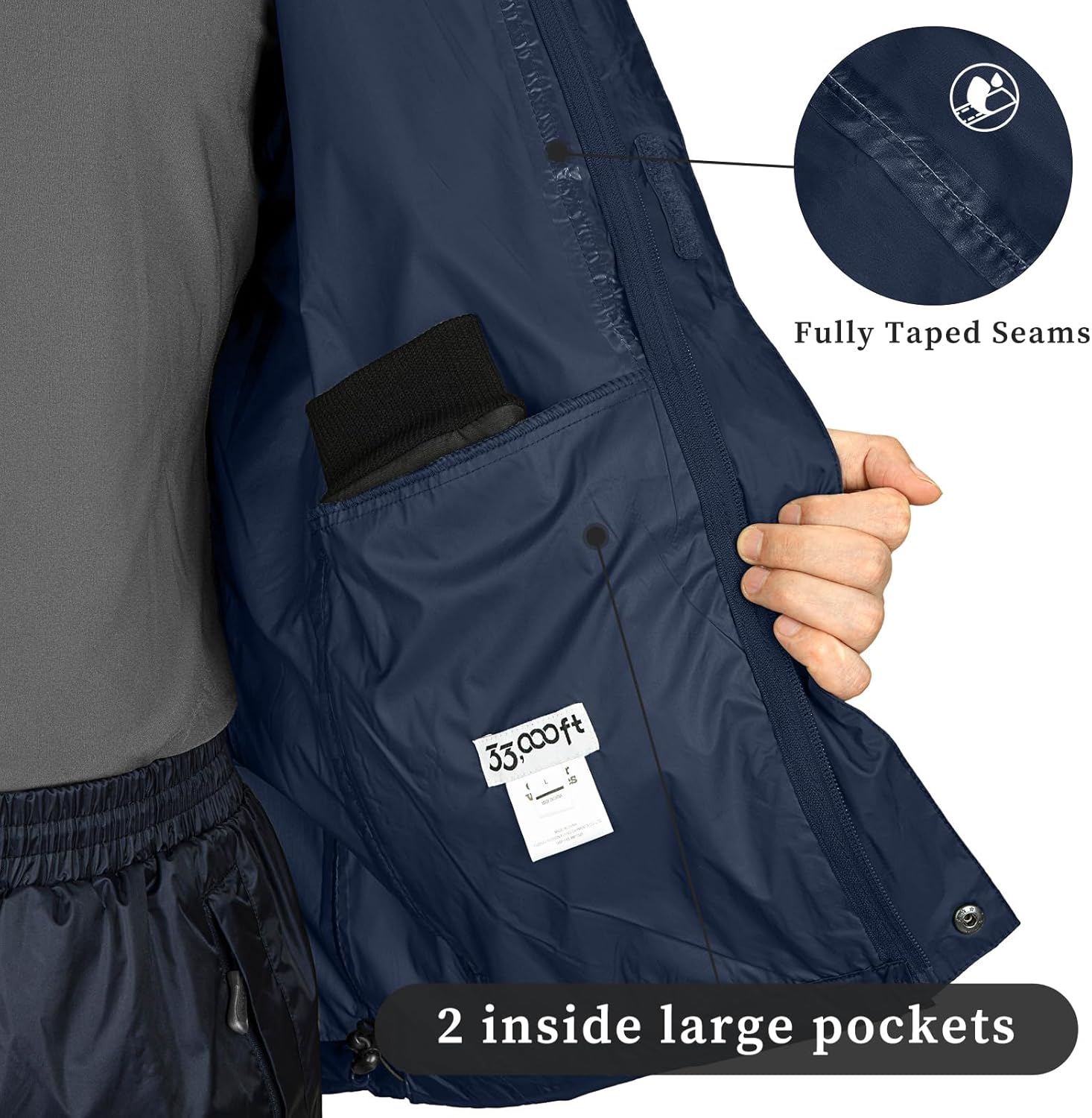 Detalle de 33,000ft Regenjacke Herren – Leicht, Wasserdicht und Packbar mit Kapuze