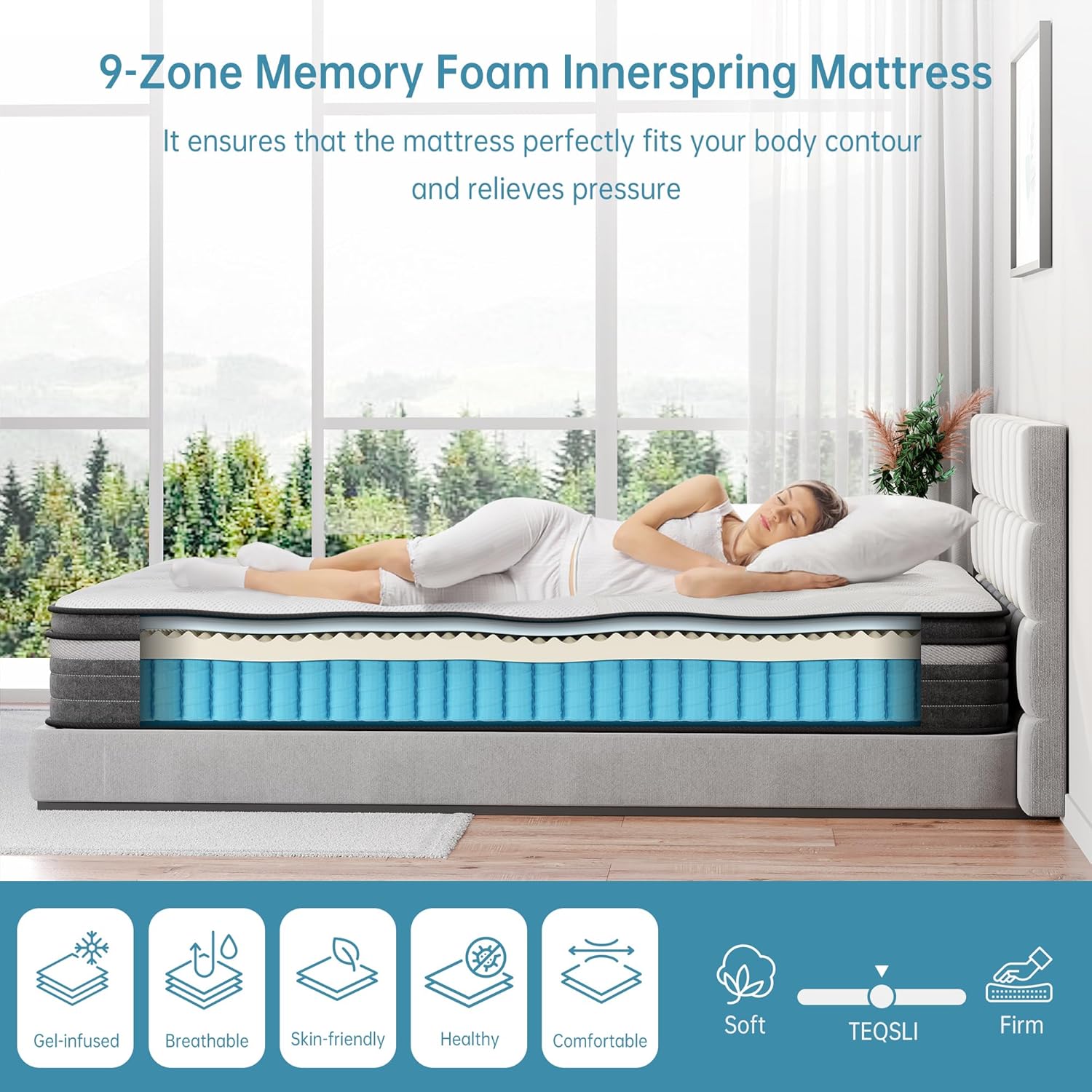Thumbnail 5 de TeQsli Double Mattress 135x190x27cm – 9‑Zone Hybrid Memory Foam Mattress