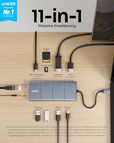 Detalle de Anker 565 USB-C Hub (11‑in‑1): Docking-Station mit 4K HDMI & DP, 100W PD, schnellem USB-C/USB-A