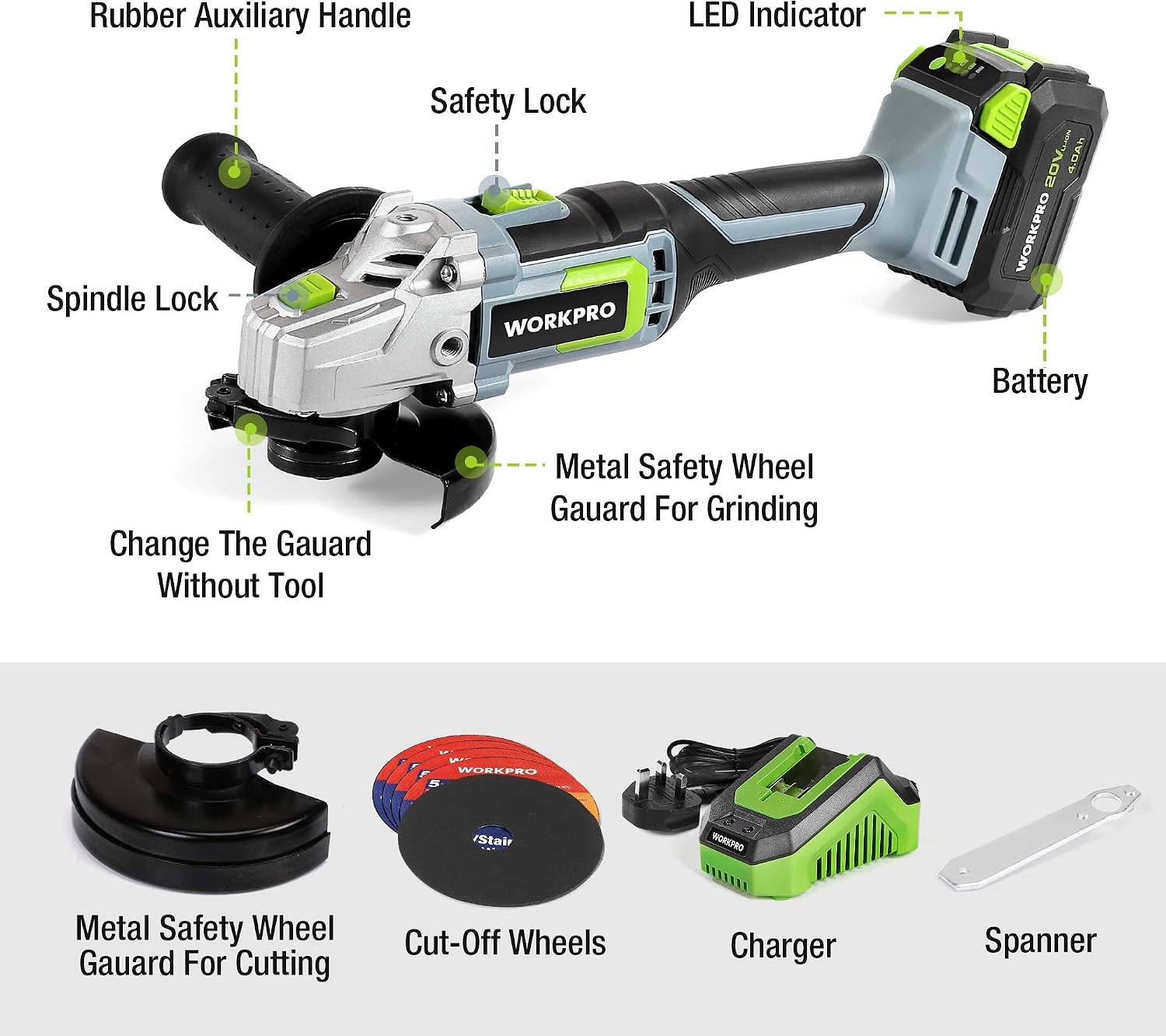 Thumbnail 6 de WORKPRO 20V Cordless Angle Grinder (125 mm) with 4.0Ah battery, fast charger and 5 cutting wheels