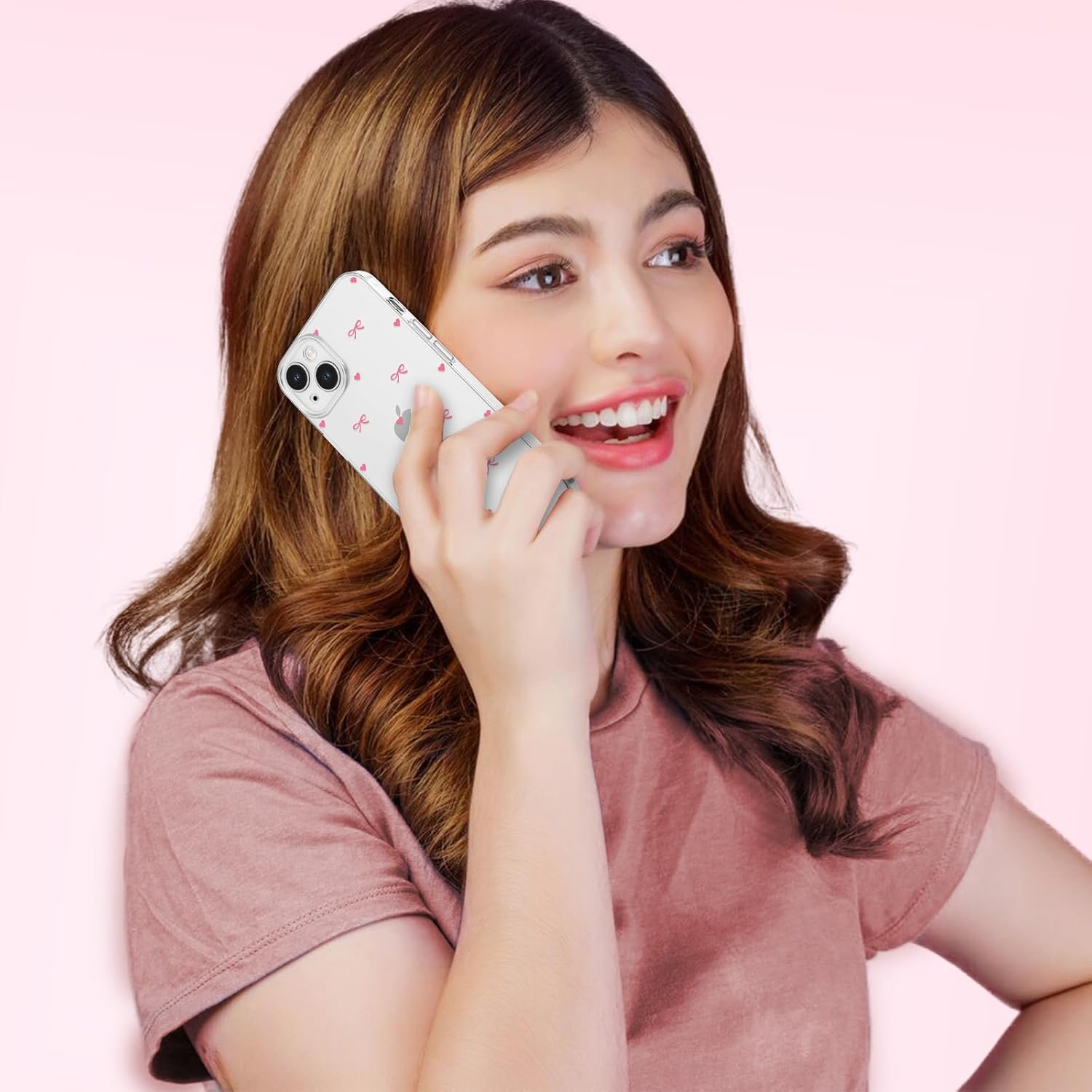 Thumbnail 6 de ZTOFERA Durchsichtige Hülle für iPhone 14 (6.1) – Rosa Heißes Herz & Schleife, TPU Flexibel & Stoßfest