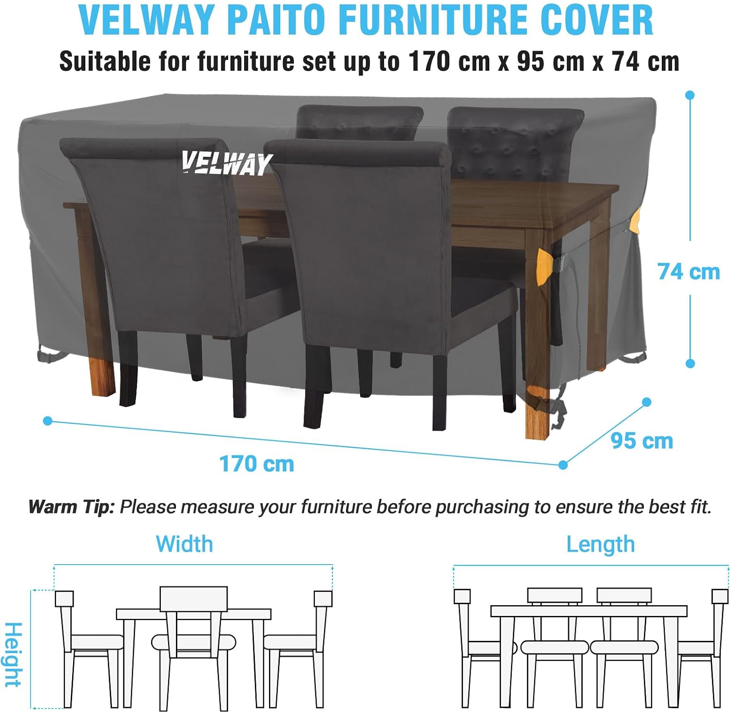 Detalle 2 de Velway Housse Salon de Jardin Imperméable Noir 170x95x74 cm