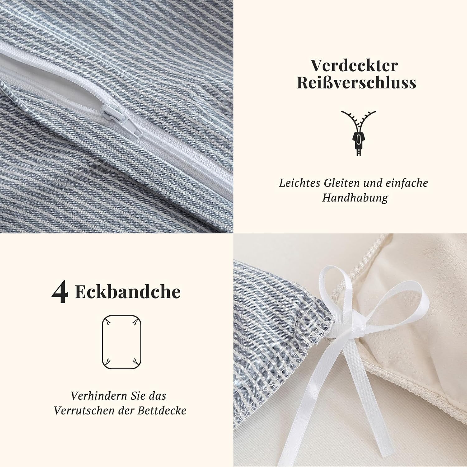 Detalle 2 de SOULFUL Bettwäsche-Set 155x220 aus 100% gewaschener Baumwolle (gestreift), mit Reißverschluss