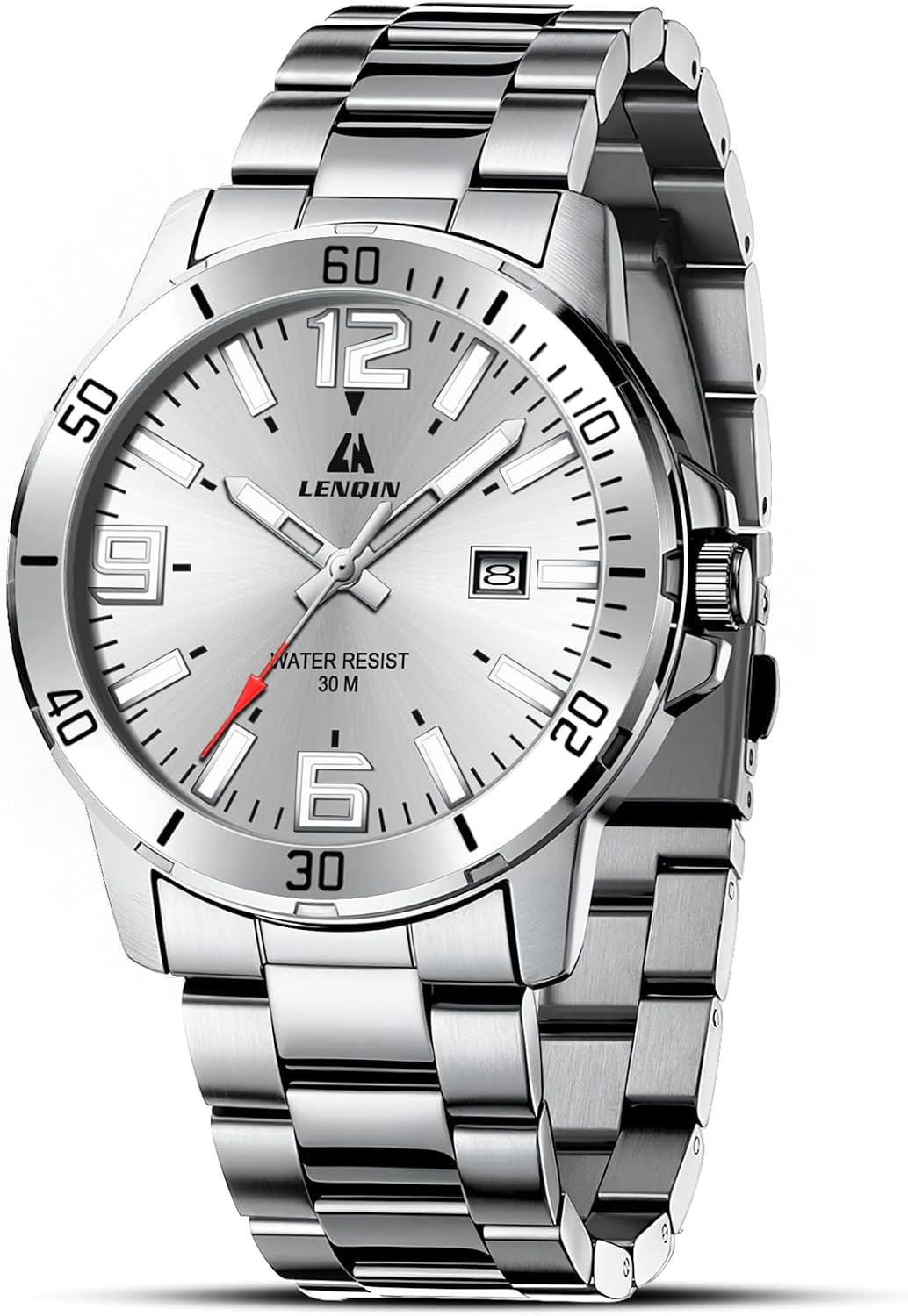 Detalle de LN LENQIN Herrenarmbanduhr aus Edelstahl mit Quarz, Analog-Anzeige, Datum und 3-ATM-Schutz