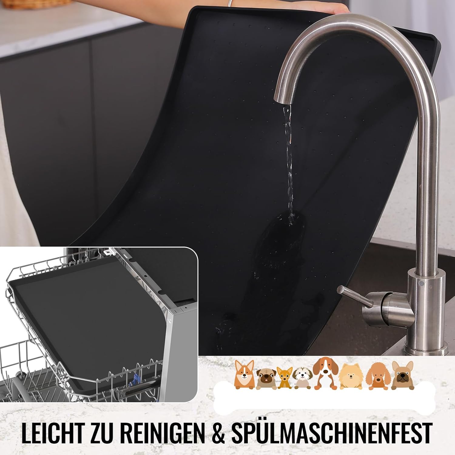Thumbnail 6 de MateeyLife Silikon-Napfunterlage für Katzen & Hunde (56x36 cm), rutschfest und wasserdicht – schwarz