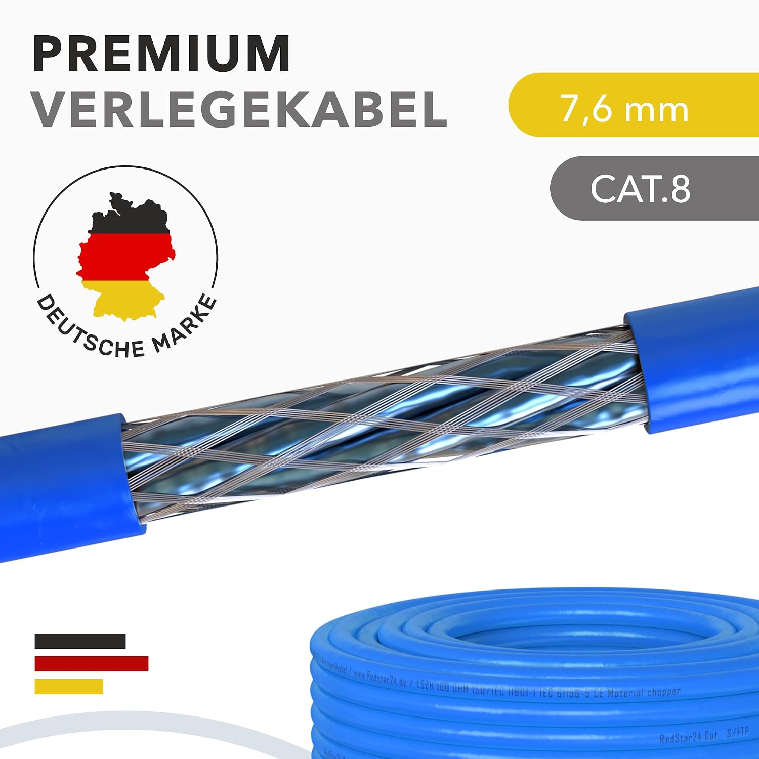 Detalle 2 de 100 m Cat. 8 Verlegekabel (CAT8.1) – halogenfrei, geschirmt S/FTP, bis zu 40 Gbit/s