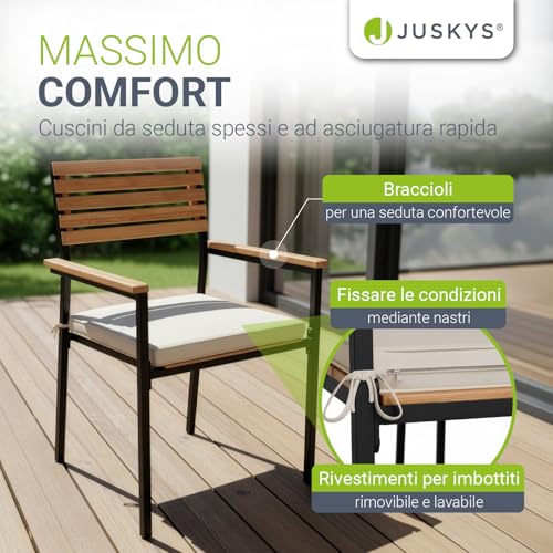 Detalle de Juskys Rhodos: set mobili da giardino in legno di acacia con tavolino, 4 sedie e cuscini