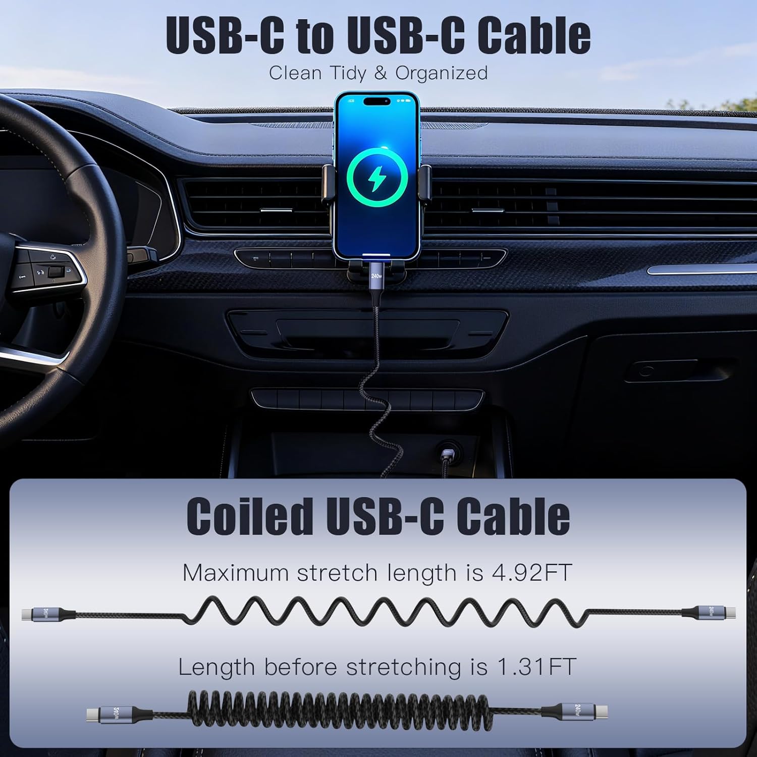 Thumbnail 1 de 240W Retractable Coiled USB-C to USB-C Cable (Spring Design) for Fast Car Charging & Data Sync