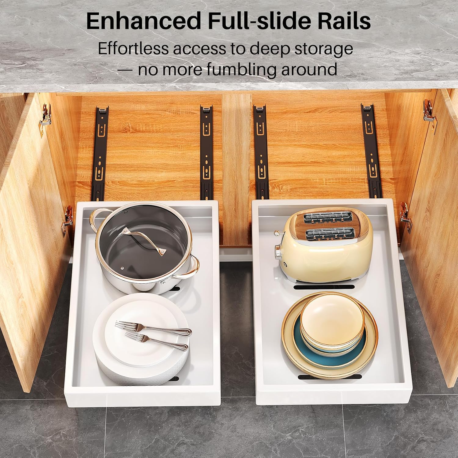 Detalle de 2-Pack Pull-Out Cabinet Organizer (21" Deep) — Heavy-Duty Full-Extension Slide Out Drawers for Frameless Cabinets, White