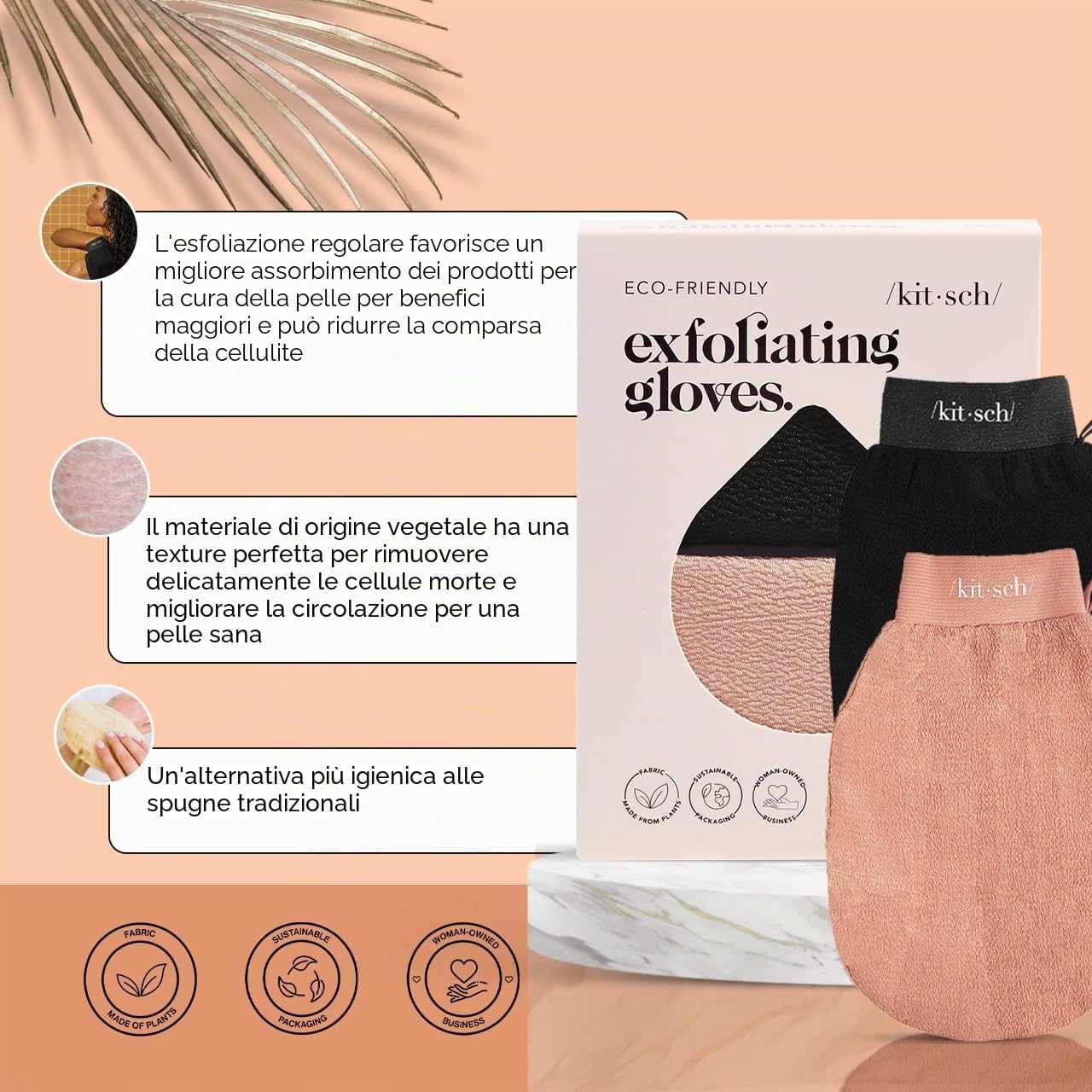 Detalle de Kitsch Guanti Esfolianti 2pz – Guanto Esfoliante Coreano & Scrubber Corpo per Doccia e Bagno