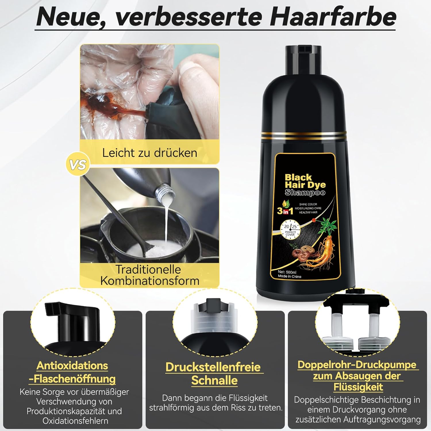 Detalle 2 de Black Hair Dye Shampoo 3-in-1, 500 ml