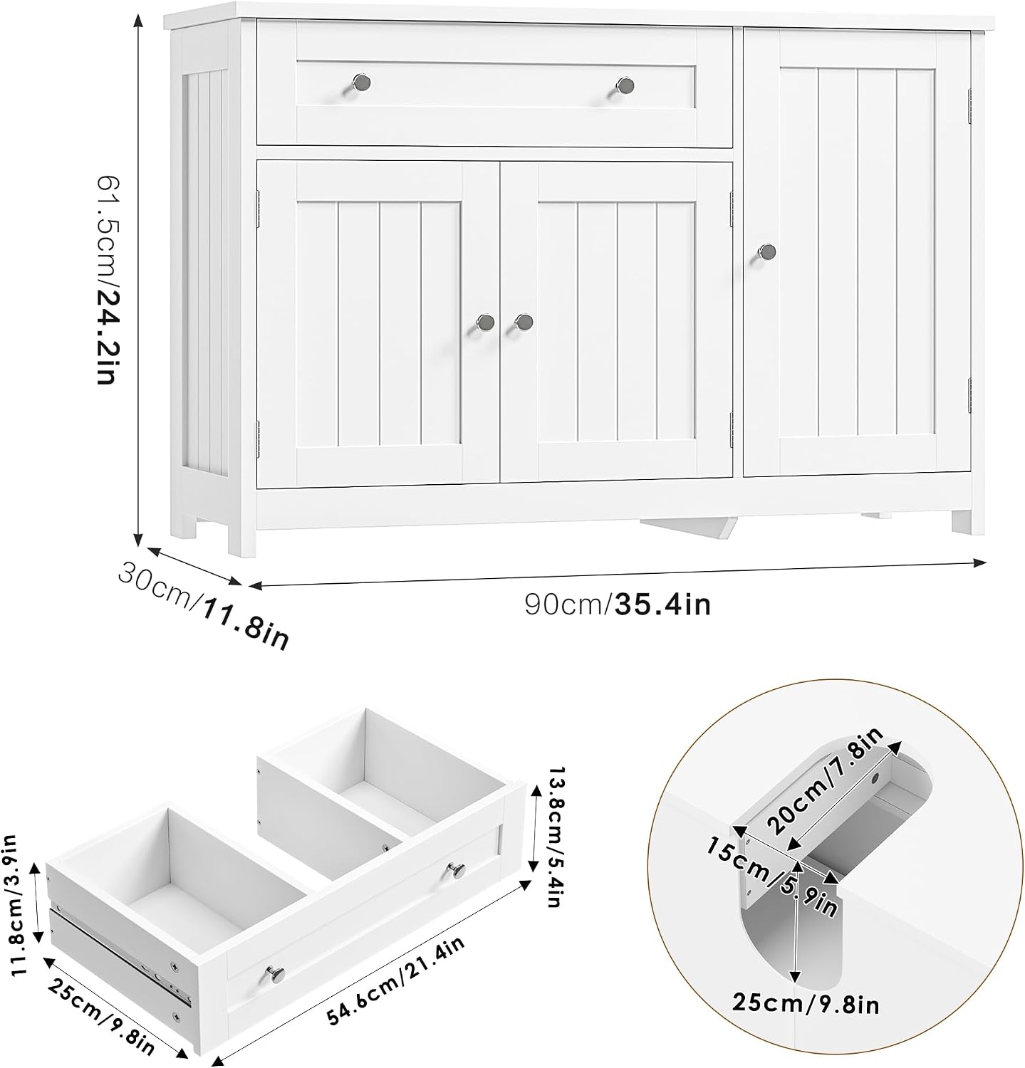 Detalle de FOREHILL M300 – szafka łazienkowa 90 cm, 3 drzwi, szuflada i regulowana półka