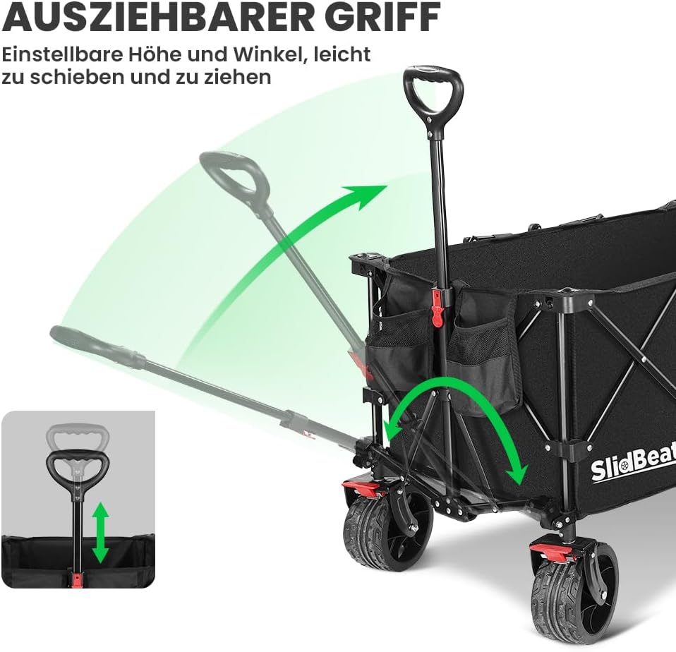 Detalle de SLIDBEAT XXXL Faltbarer Bollerwagen mit Bremsen – 300L, 226 kg Tragkraft, Große Räder