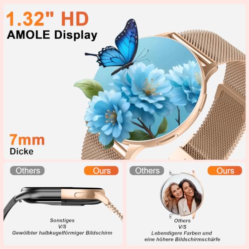 Detalle de Jugeman Smartwatch Damen mit 1,32" AMOLED-Display, IP68, Telefonfunktion – Fitness- und Zyklus-Tracking